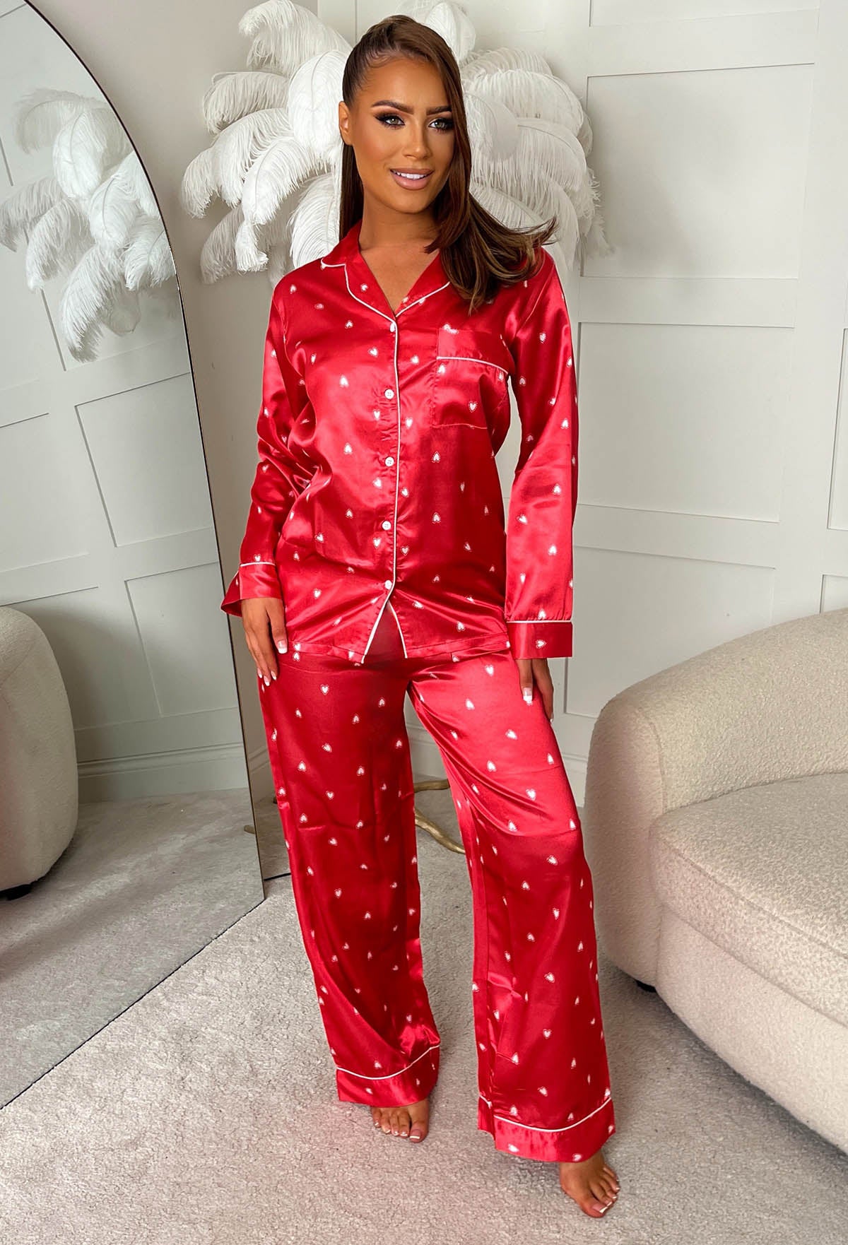Lovers Chic Red Heart Print Long Sleeve Pyjama Set
