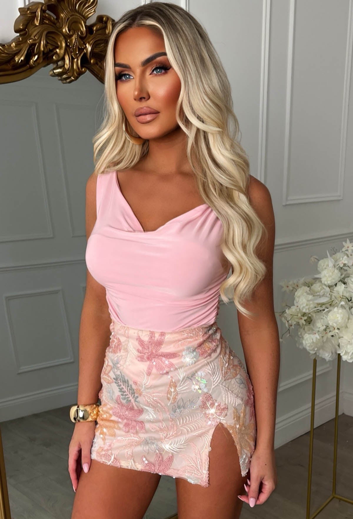 Lovers Rock Pink Floral Sequin Skirt With Slit Pink Boutique