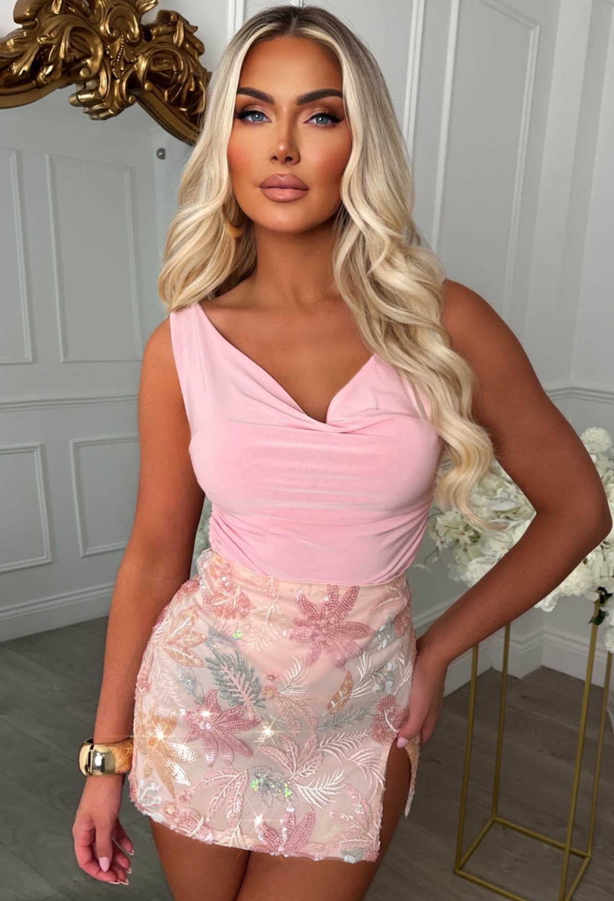 Lovers Rock Pink Floral Sequin Skirt With Slit