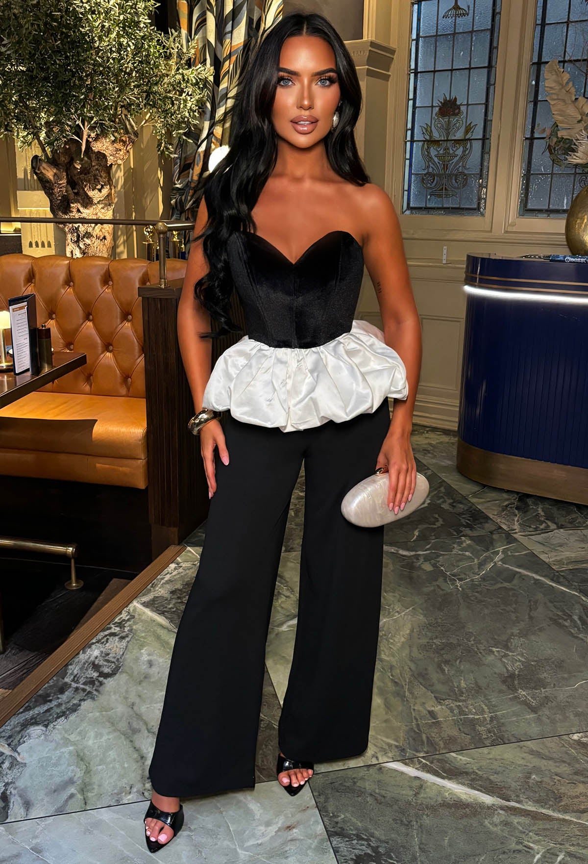 Lover's Ruffle Black Velvet Satin Bandeau Peplum Top