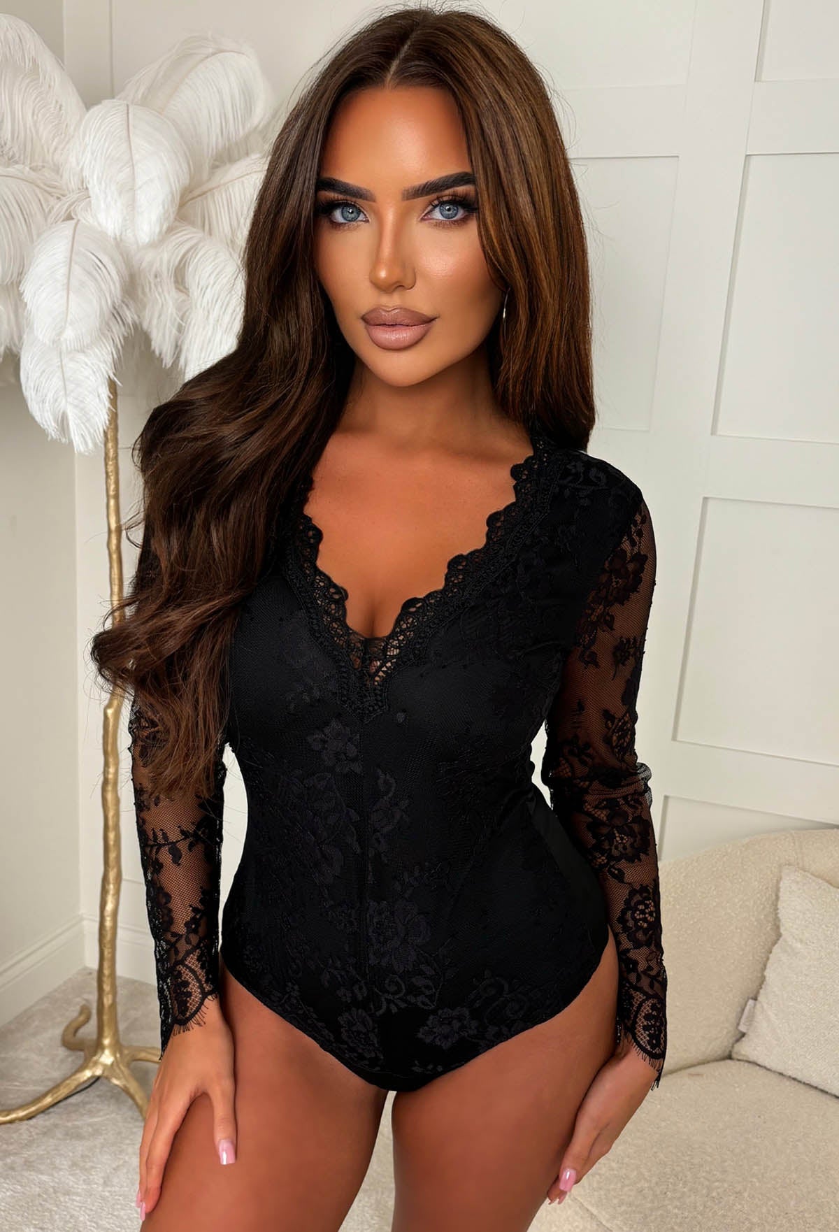 Black Lace Long Sleeve Bodysuit