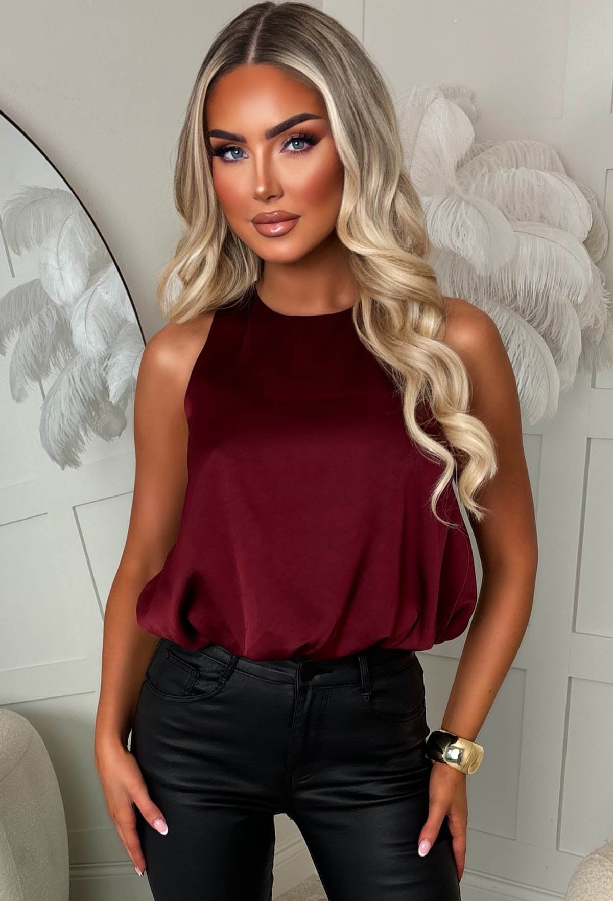 Lustrous Affair Burgundy Satin Bubble Hem Top