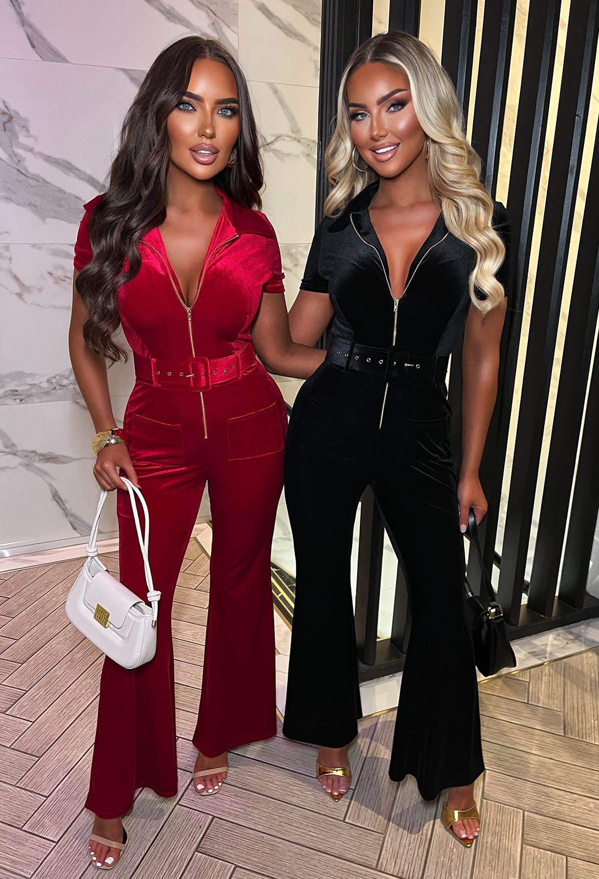 Lux Fatale Red Zip Front Velvet Jumpsuit