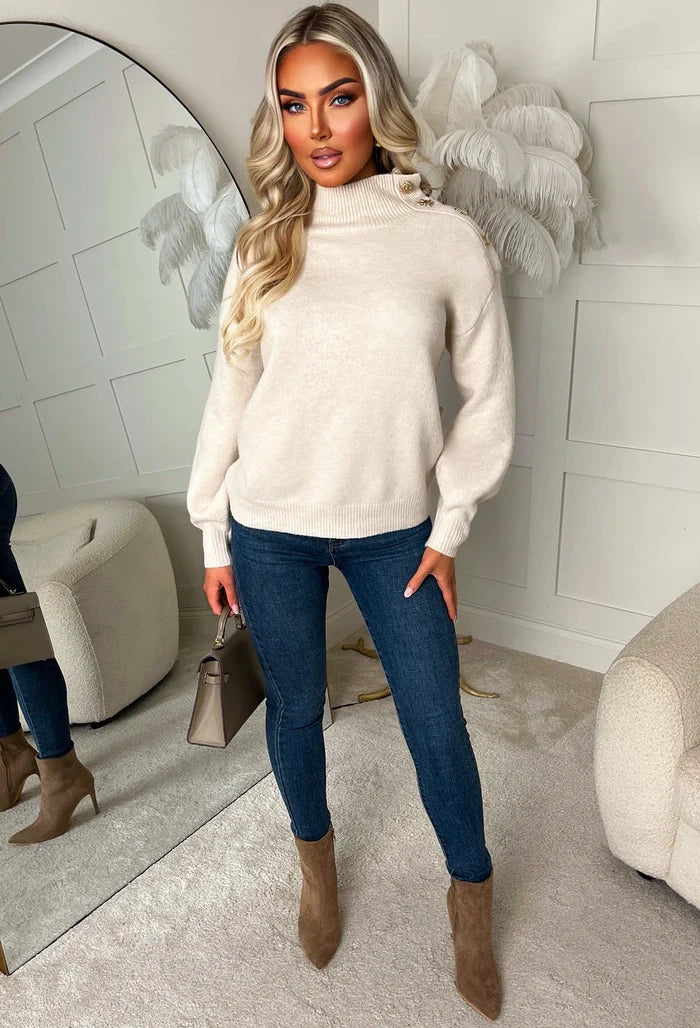 Luxe Chic Stone Gold Button Detail High Neck Jumper