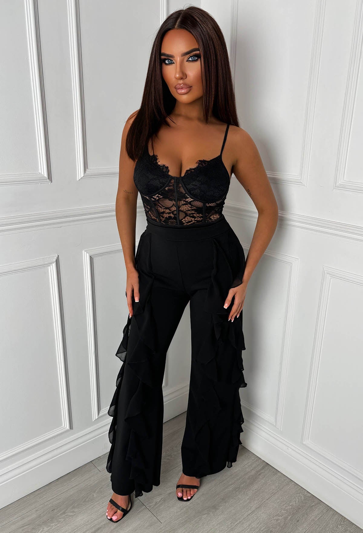 Luxe Divine Black Ruffle Stretch Trousers