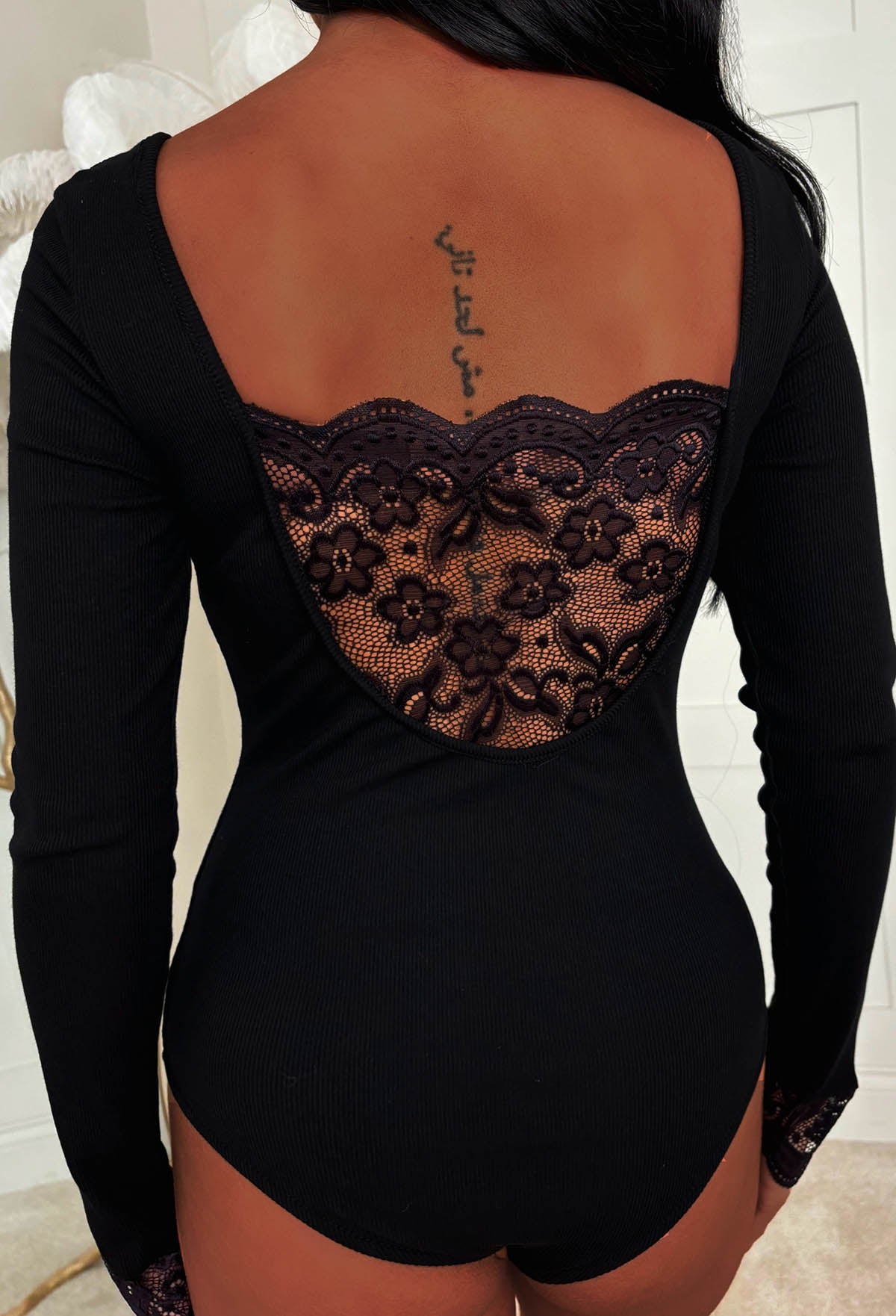 Luxe Doll Black Lace Ribbed Bodysuit