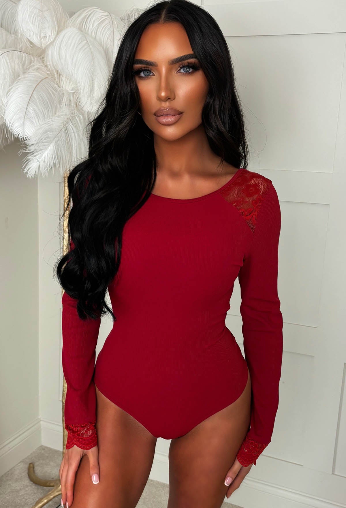 Luxe Doll Burgundy Lace Ribbed Bodysuit