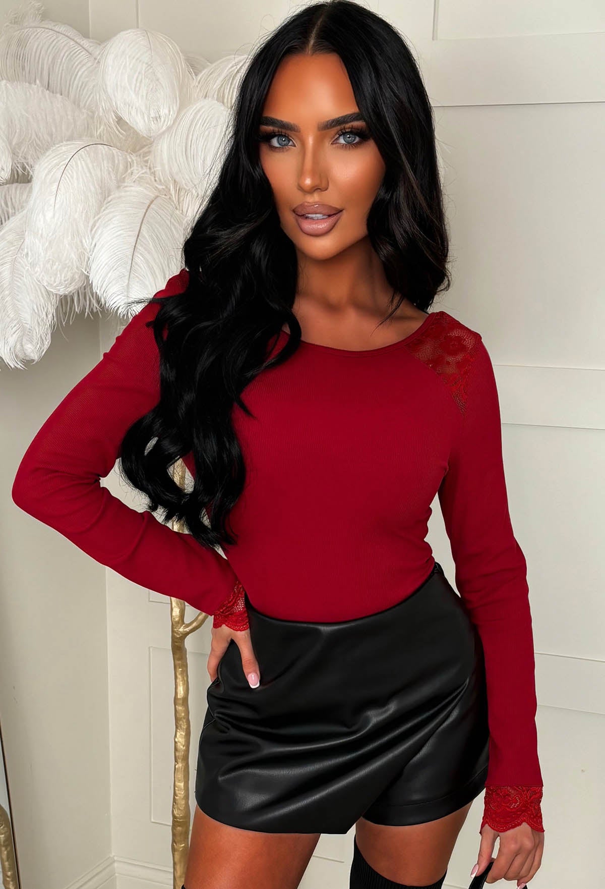 Luxe Doll Burgundy Lace Ribbed Bodysuit