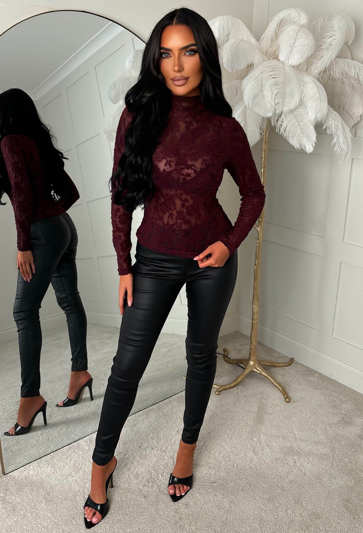 Luxe Vision Burgundy Sheer Lace Long Sleeve Top