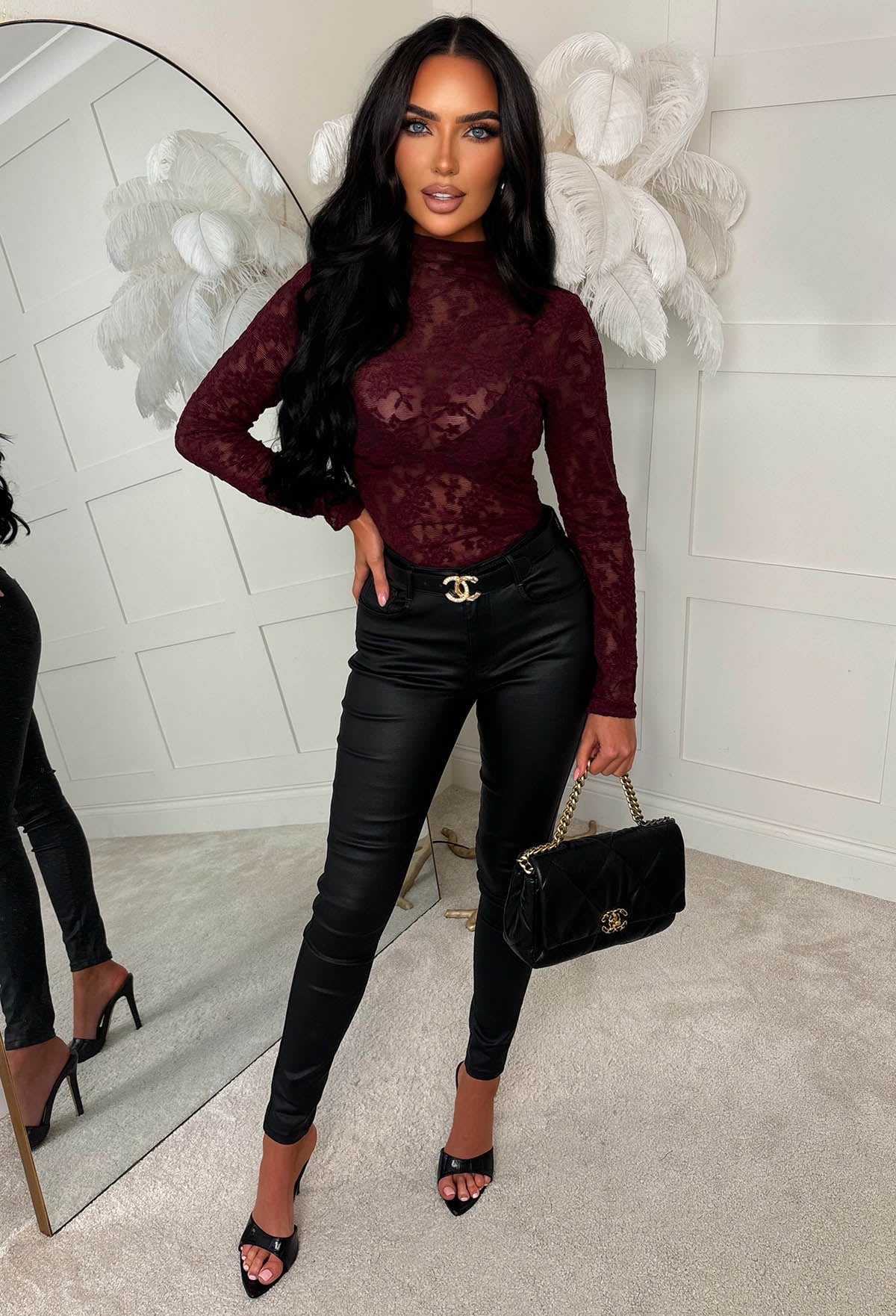 Luxe Vision Burgundy Sheer Lace Long Sleeve Top