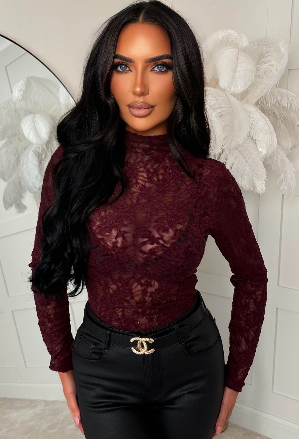 Luxe Vision Burgundy Sheer Lace Long Sleeve Top