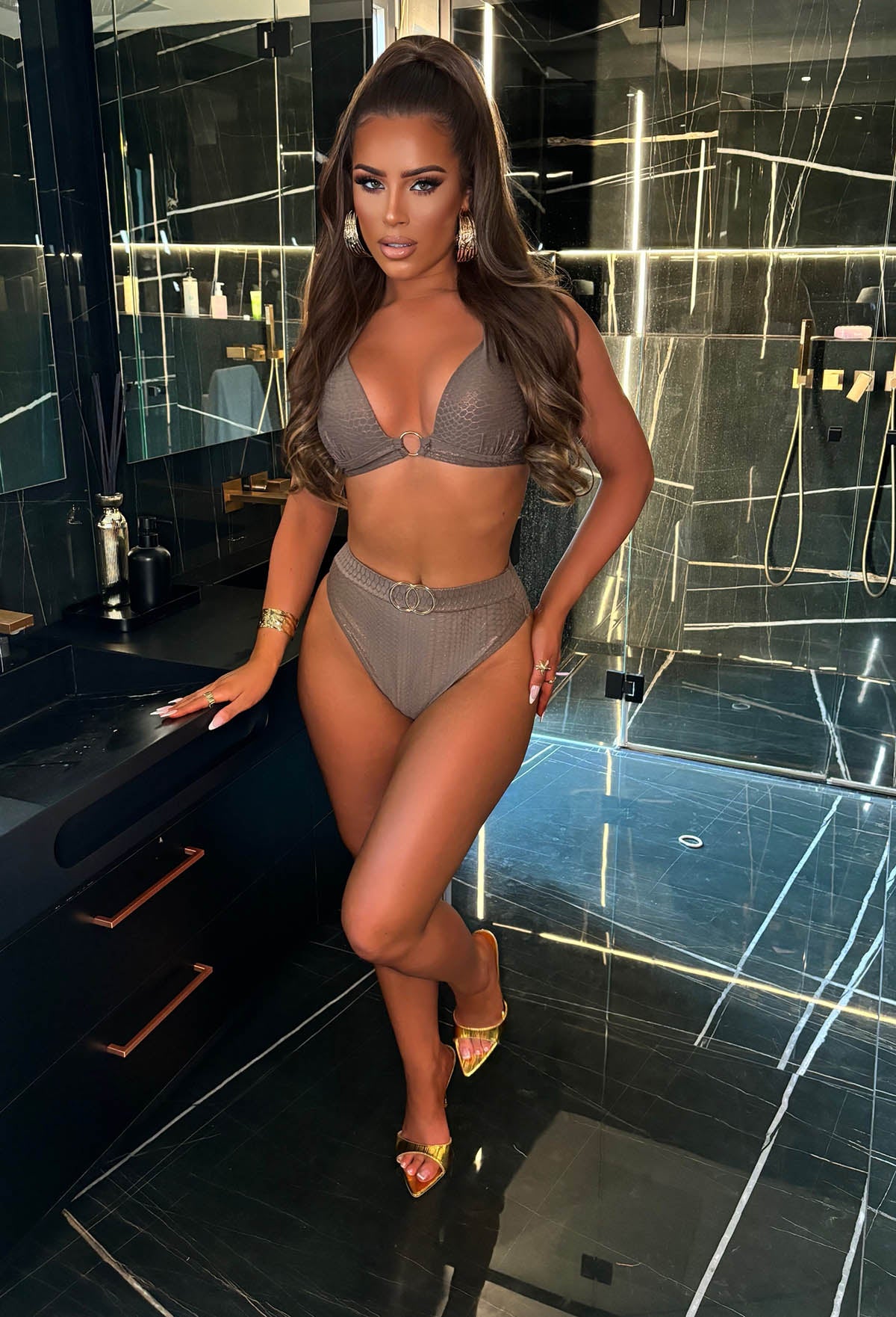 Madagascar Bronze Metallic Snake Gold Buckle High Waist Brief Bikini