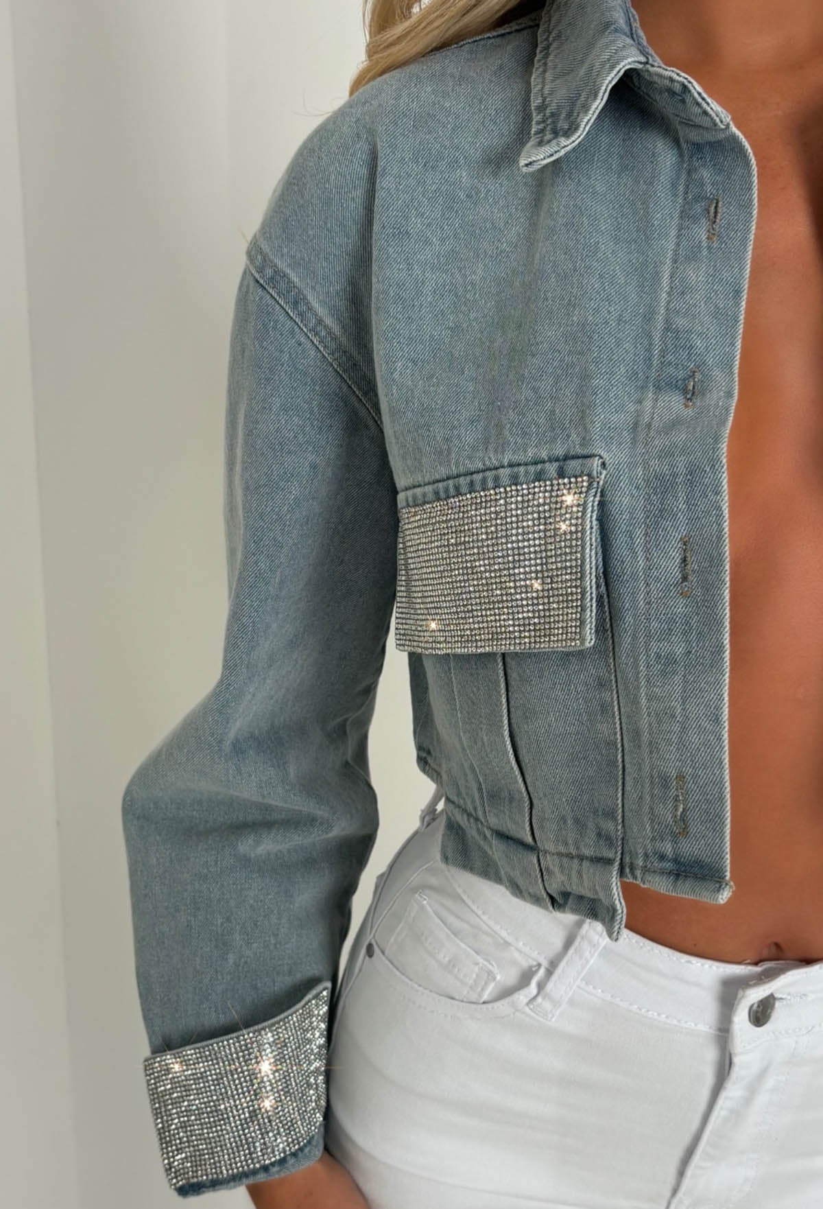 Malibu Mirage Mid Wash Diamante Embellished Cropped Denim Jacket