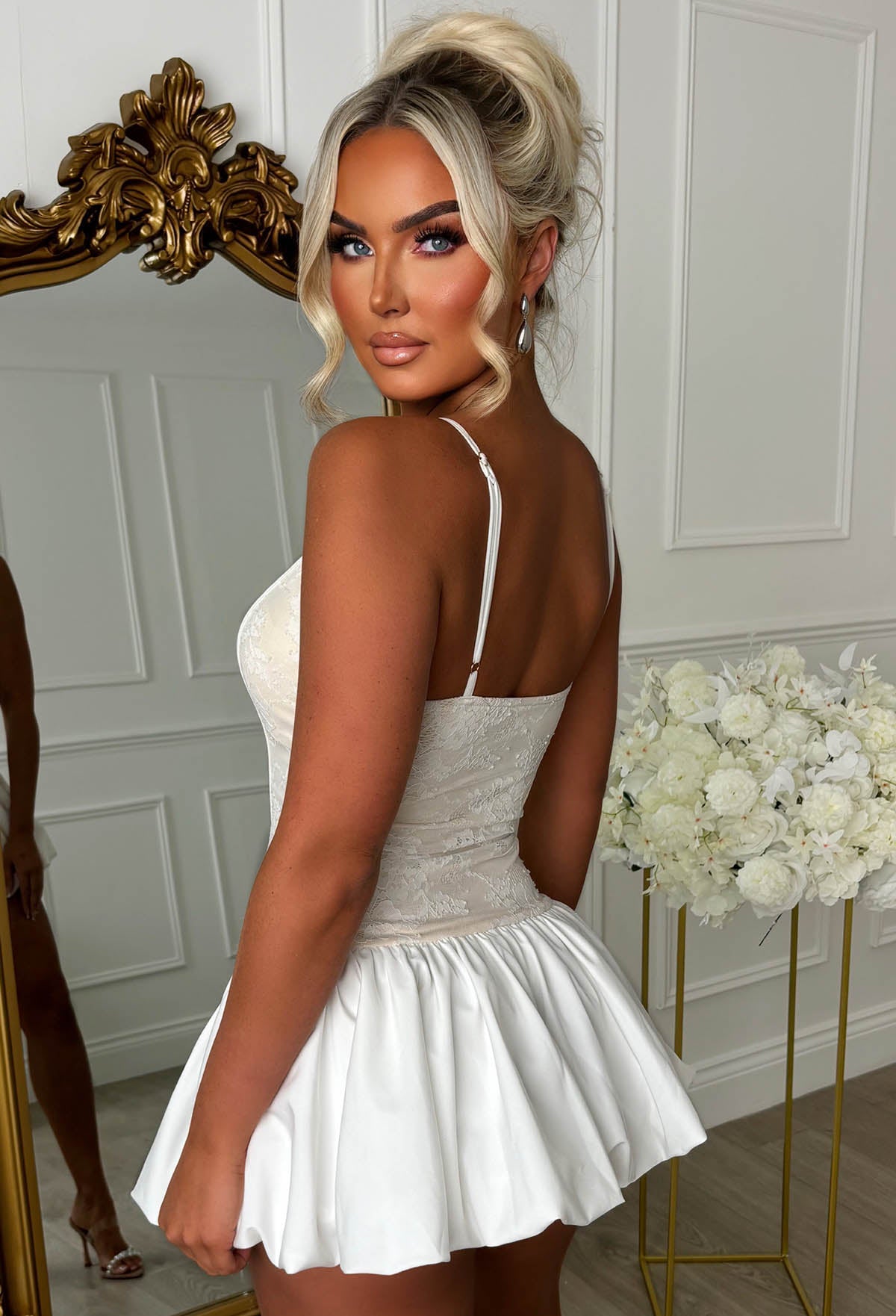 Malibu Muse Stone Lace Bodice Puffball Mini Dress