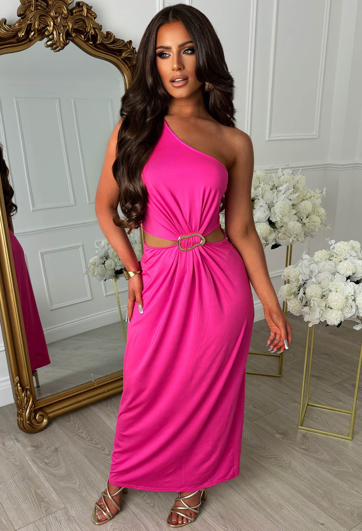 Marbella Madness Fuchsia One Shoulder Cutout Buckle Dress