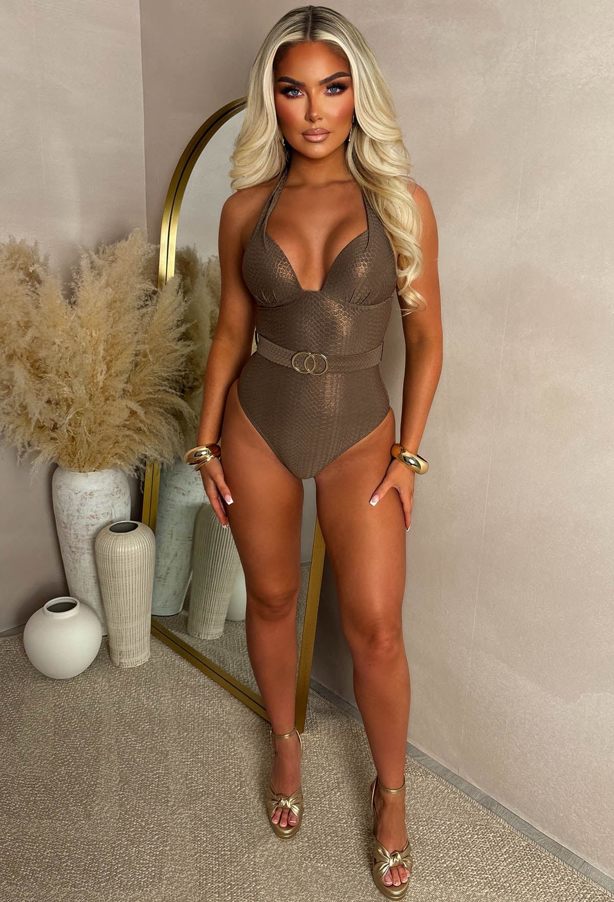 Marrakech Bronze Metallic Snake Gold Buckle Belted Swimsuit