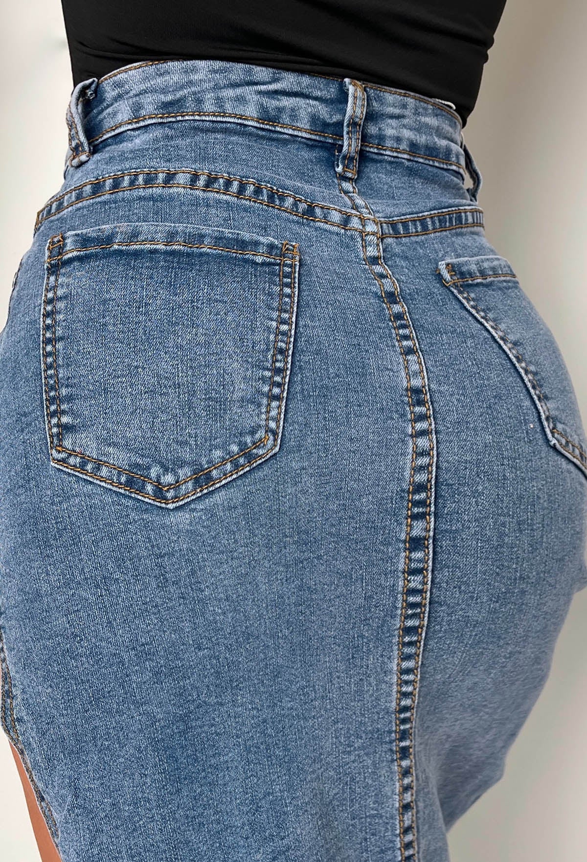 Maxed Out Mid Blue Stretch Denim Split Maxi Skirt