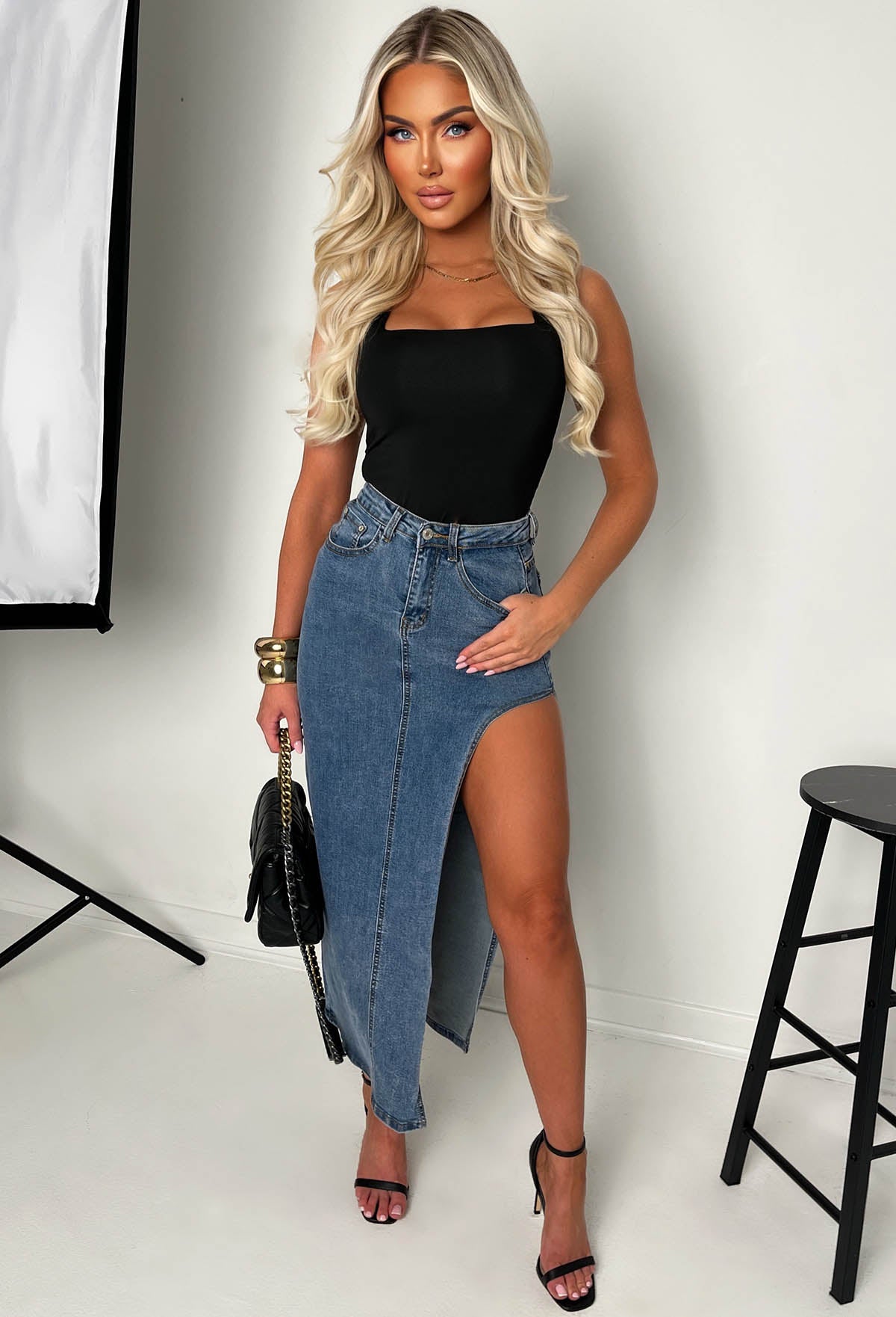 Maxed Out Mid Blue Stretch Denim Split Maxi Skirt