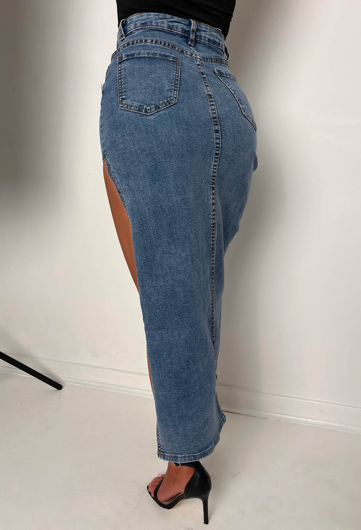 Maxed Out Mid Blue Stretch Denim Split Maxi Skirt