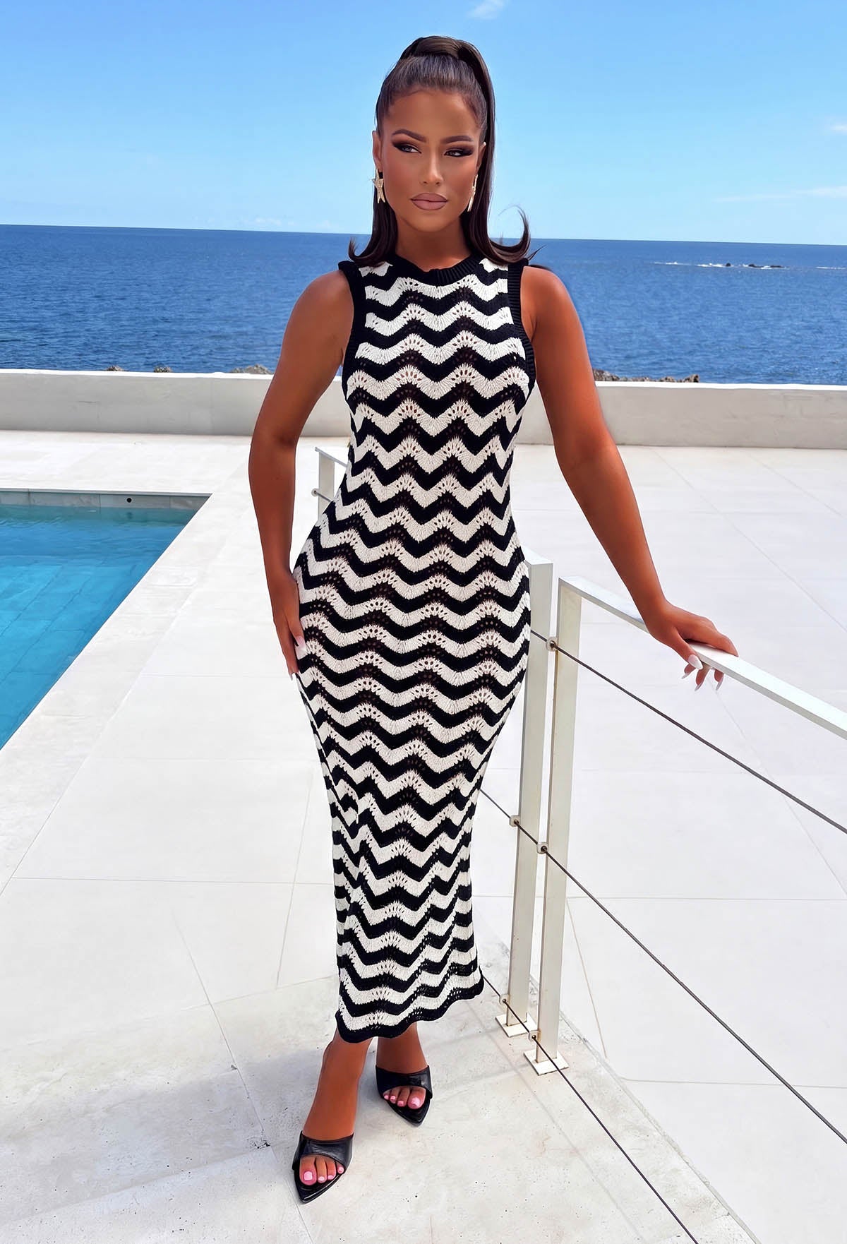 Black Monochrome Knitted Zig-Zag Maxi Dress Full Length Front View