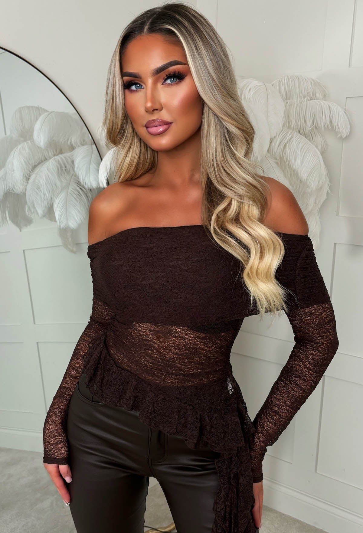 Midnight Affair Brown Lace Off Shoulder Top | Pink Boutique