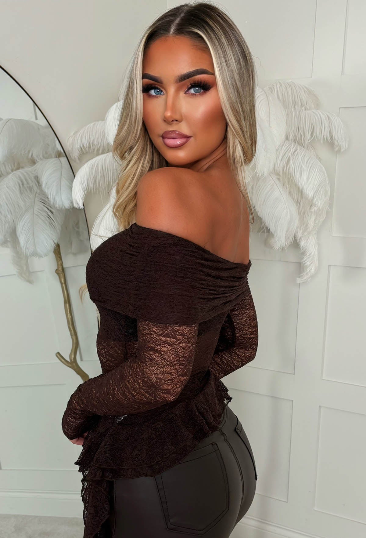 Midnight Affair Brown Lace Off Shoulder Top