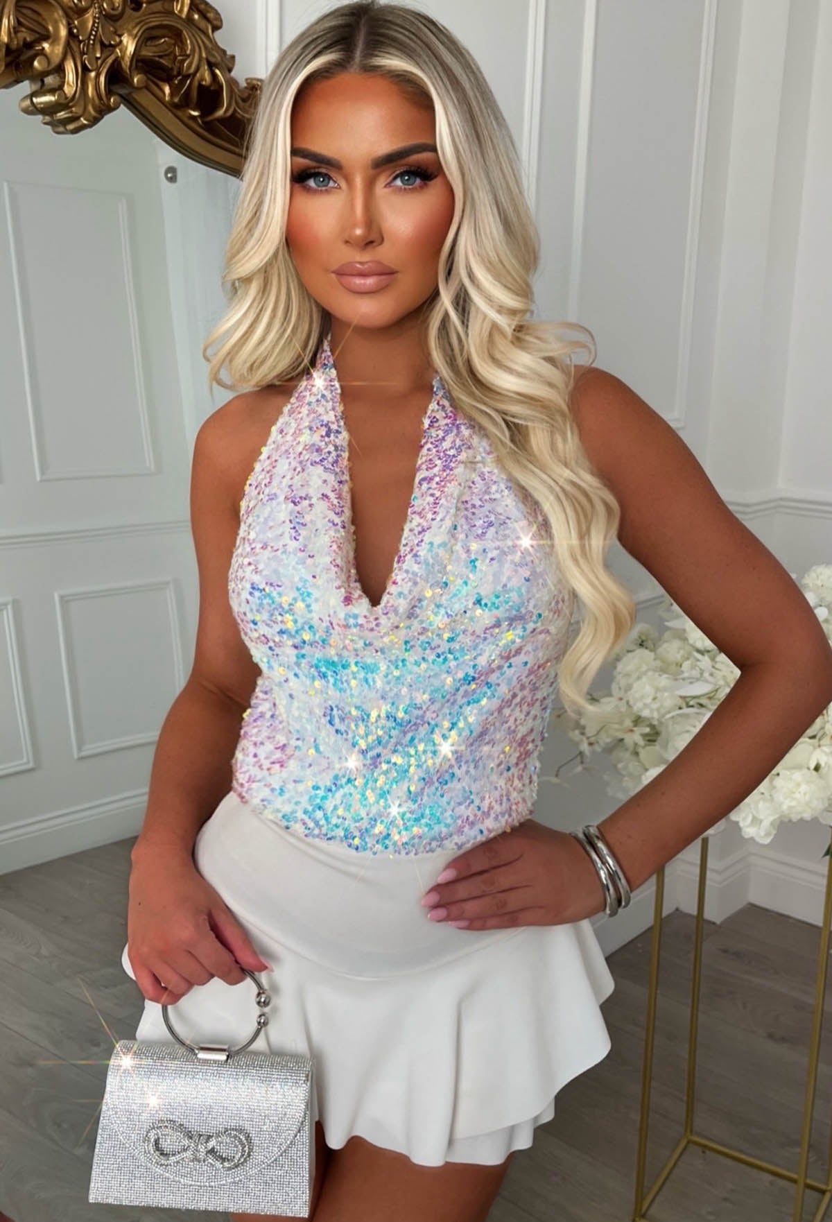 Midnight Drape Multi Sequin Cowl Neck Top