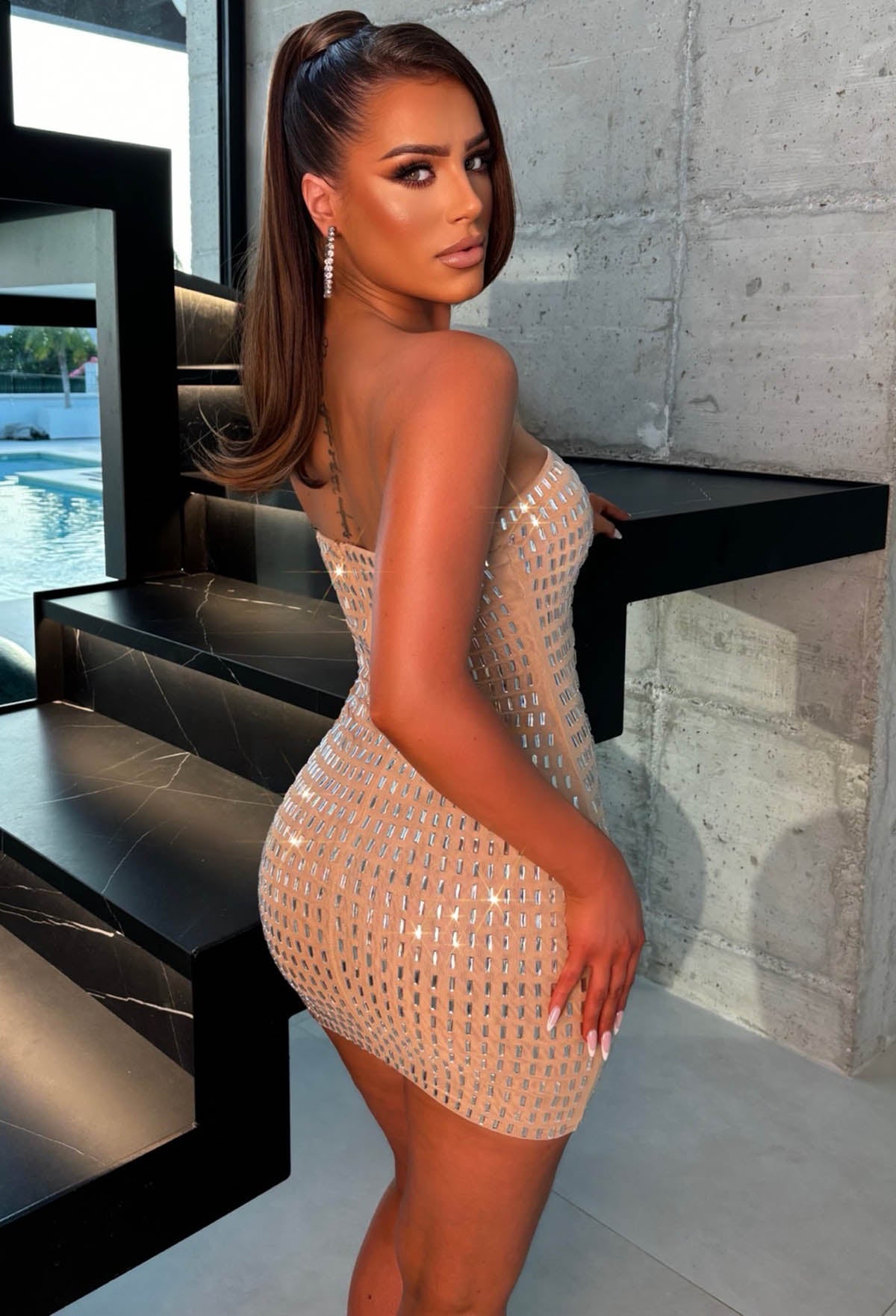 Midnight Mirage Beige Mirror Fix Bandeau Dress