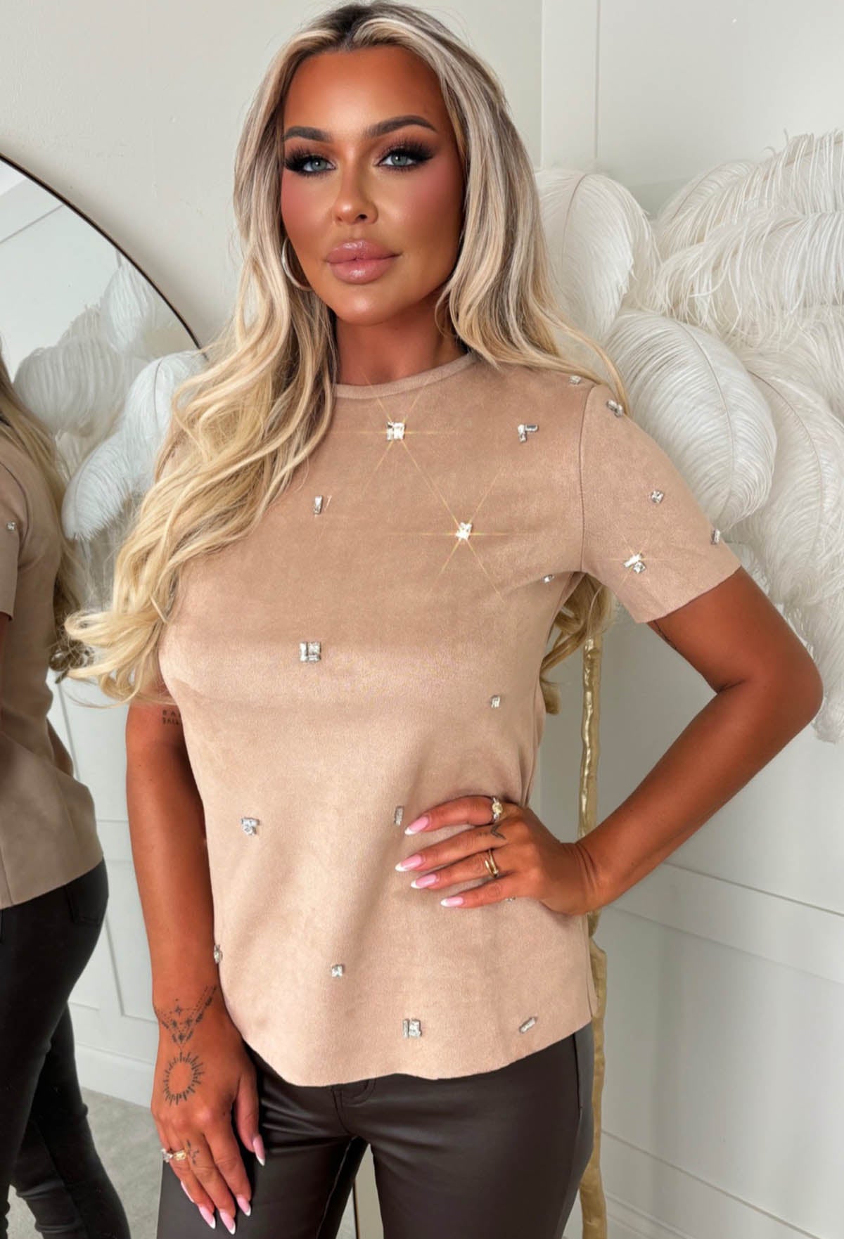 Midnight Rodeo Beige Faux Suede Rhinestone T-Shirt