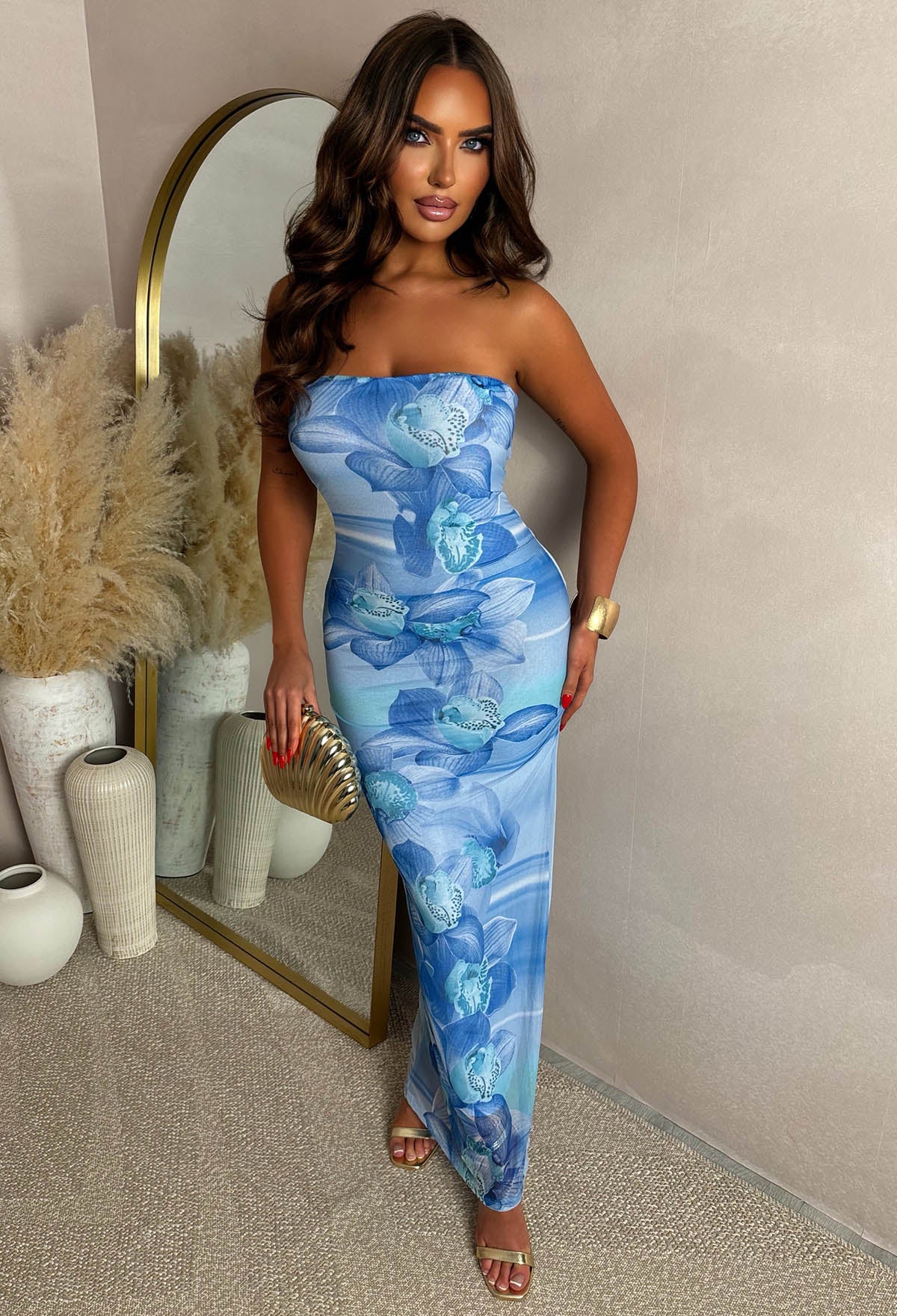 Mimosa Blue Floral Mesh Bandeau Dress | Pink Boutique Mimosa Blue Floral Mesh Bandeau Dress | Pink Boutique