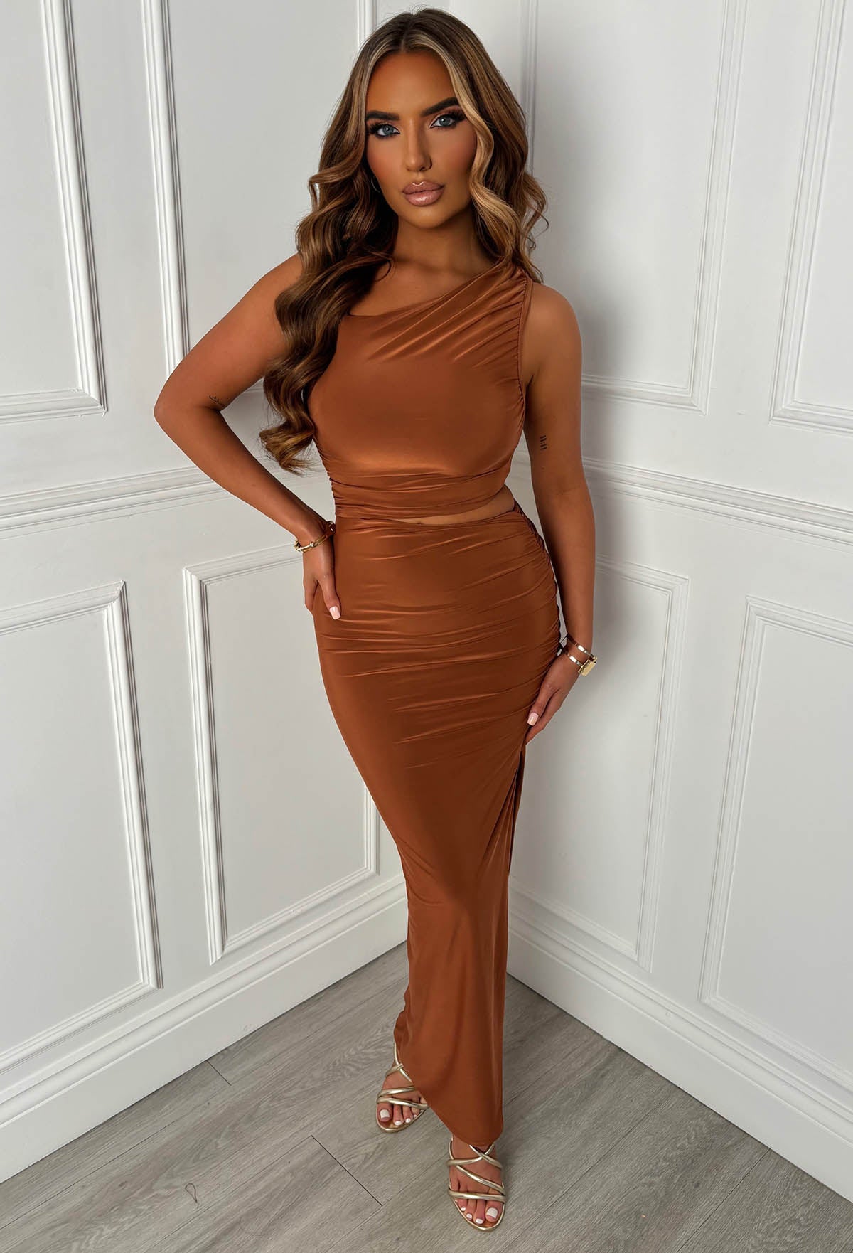 rust cut out dress Halterneck Beaded Draped Detail Cut Out Maxi Dress In Rust Abstract Print | EGO US