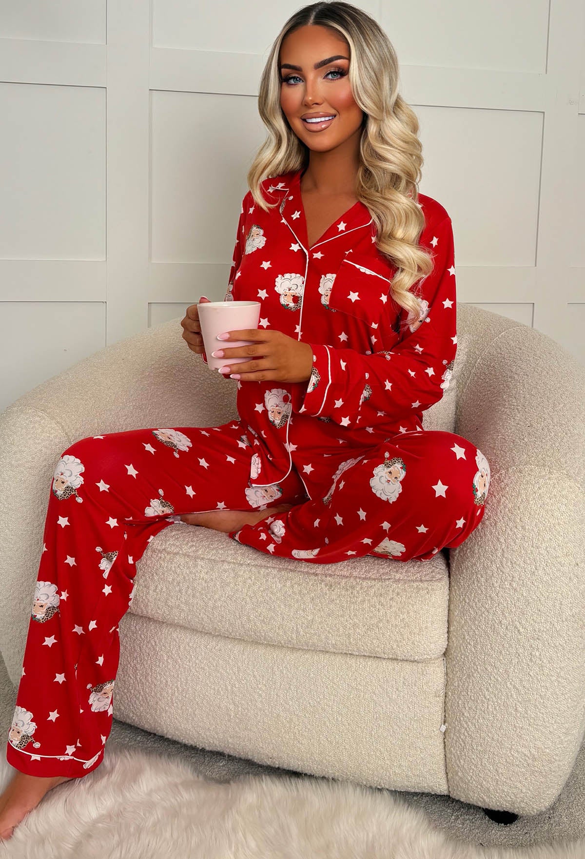 Mistletoe Mood Wine Leopard Santa Button Shirt And Long Pant Pyjama Set