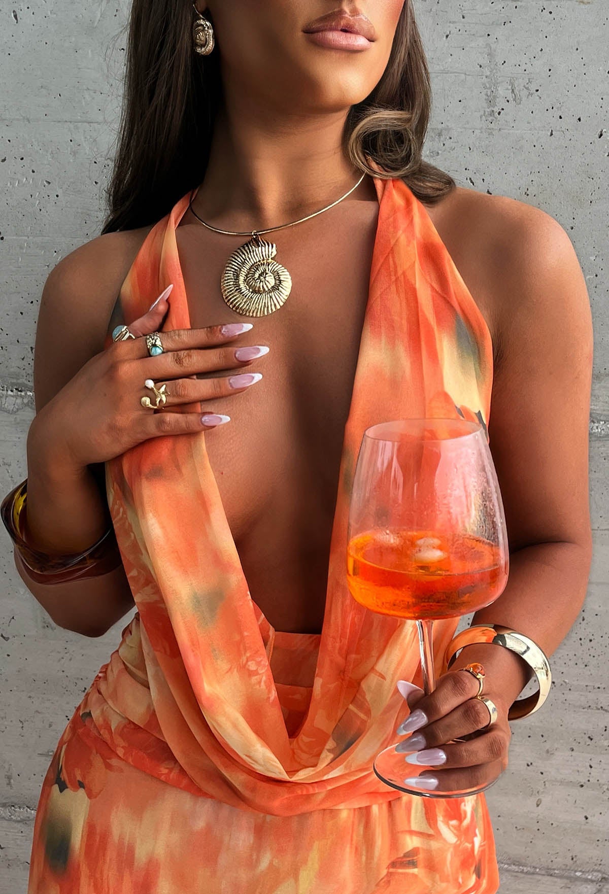 Mojito Muse Orange Floral Mesh Halterneck Maxi Dress