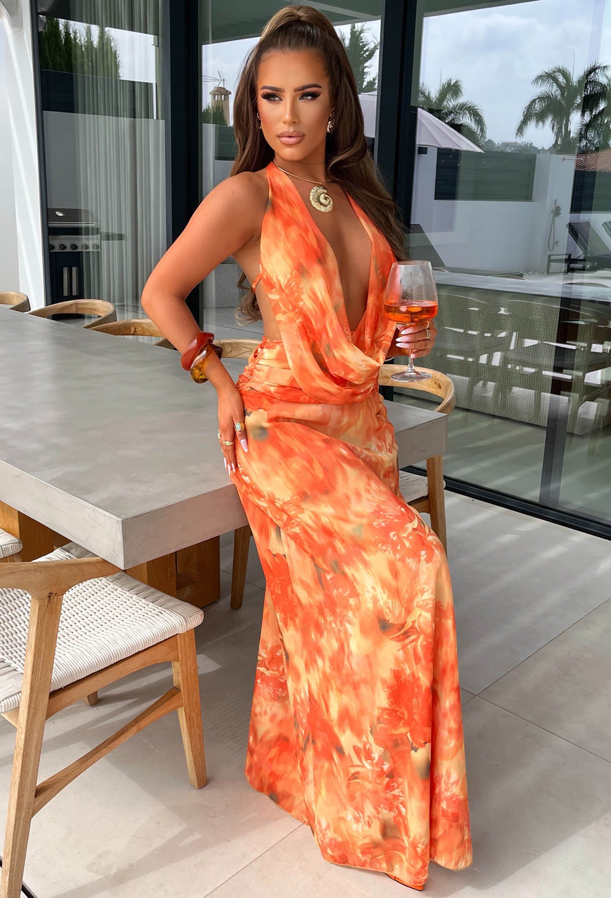 Mojito Muse Orange Floral Mesh Halterneck Maxi Dress