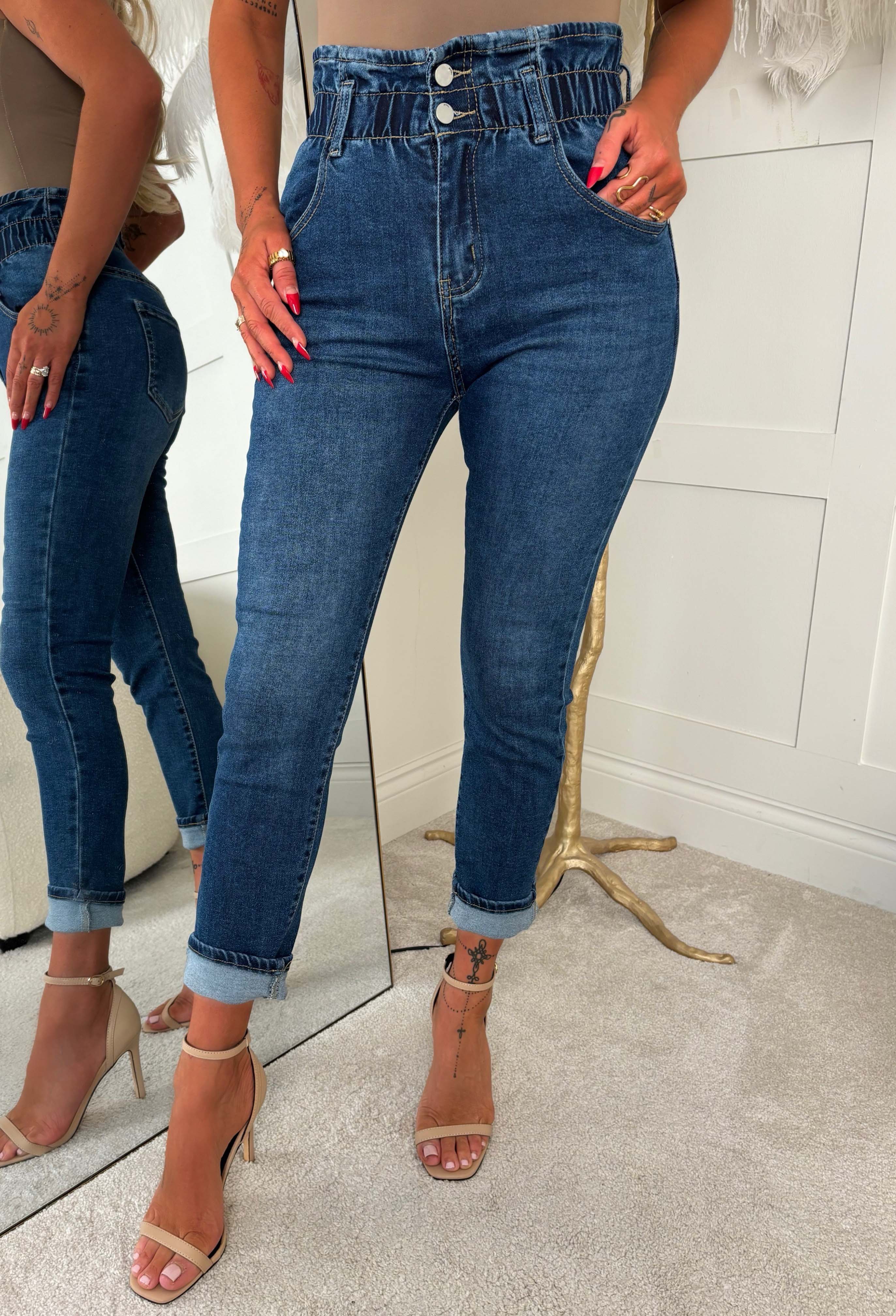 Moms The Word Mid Wash Stretch Denim Paperbag Mom Jeans