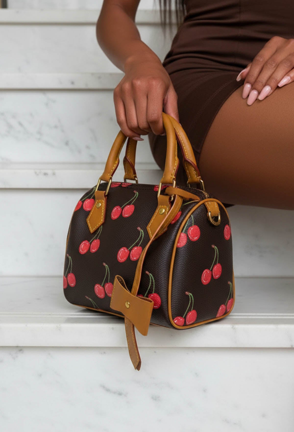 Mon Cherie Brown Printed Top Handle Bag