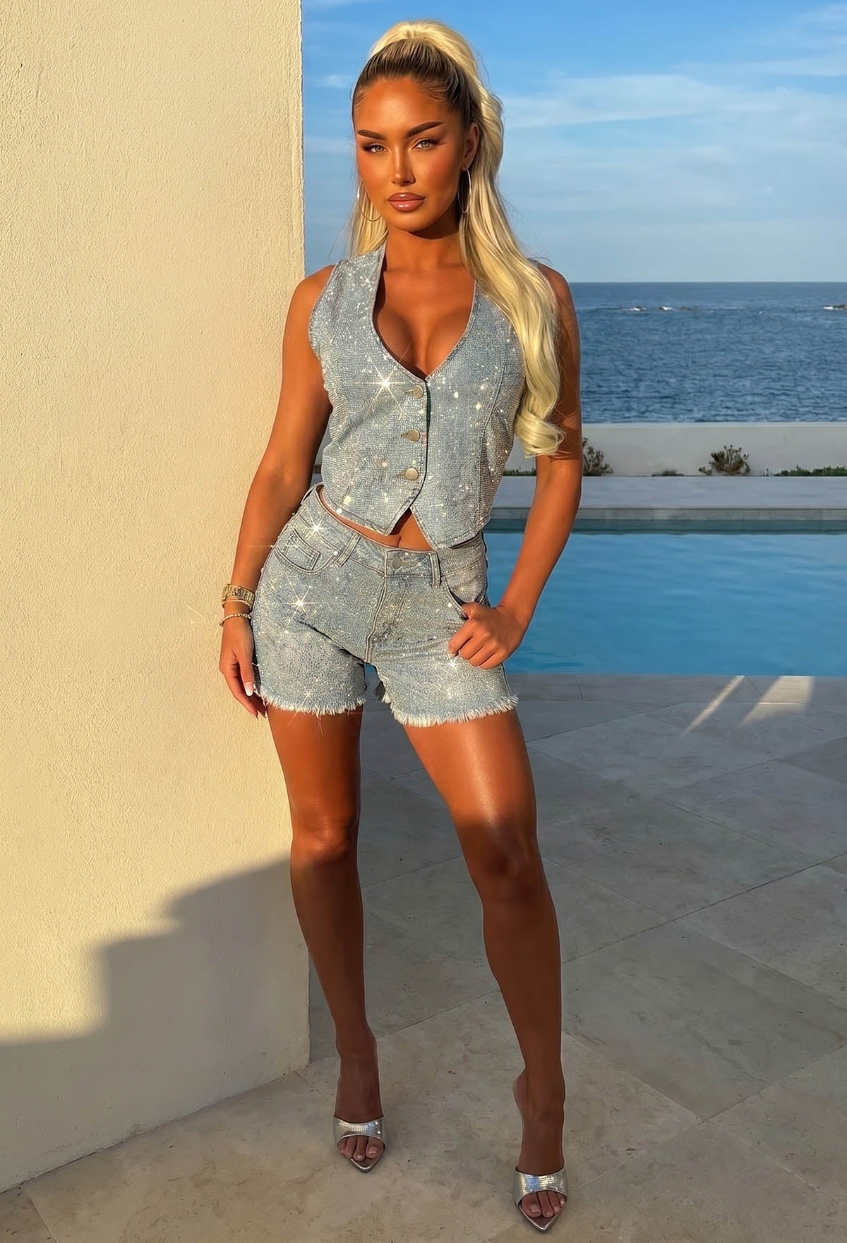Monica Mid Blue Stretch Denim Hotfix Waistcoat