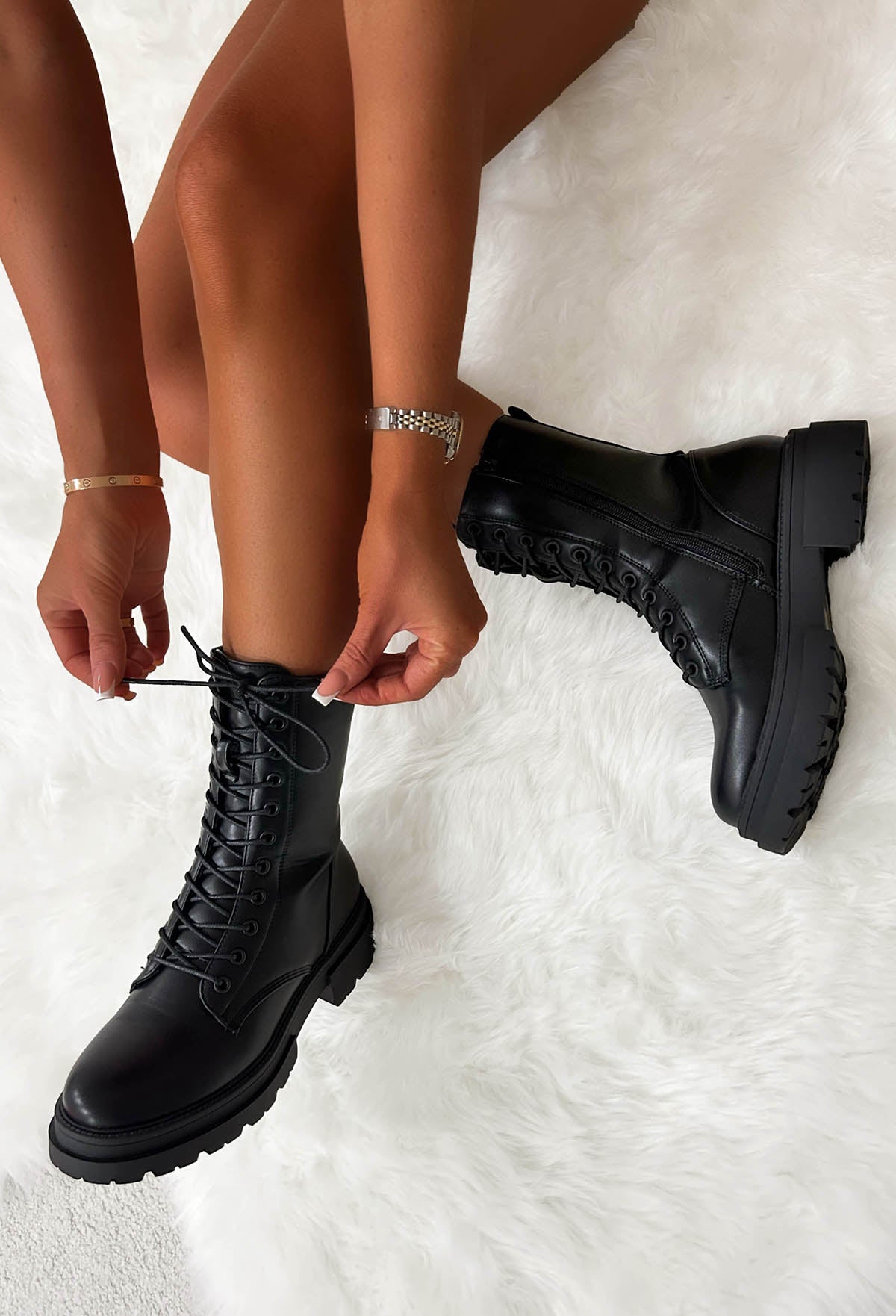 Black Faux Leather Lace Up Biker Boots
