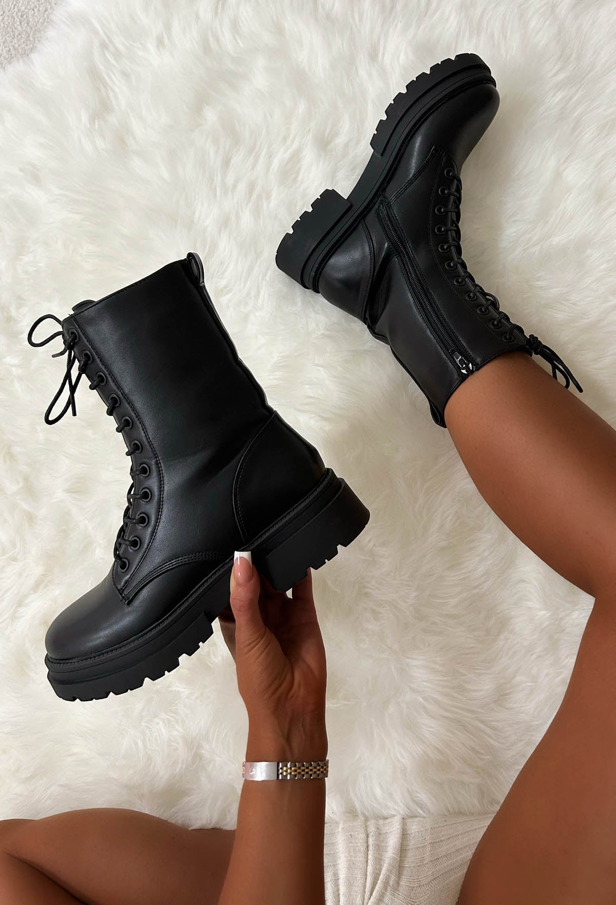 Black Faux Leather Lace Up Biker Boots