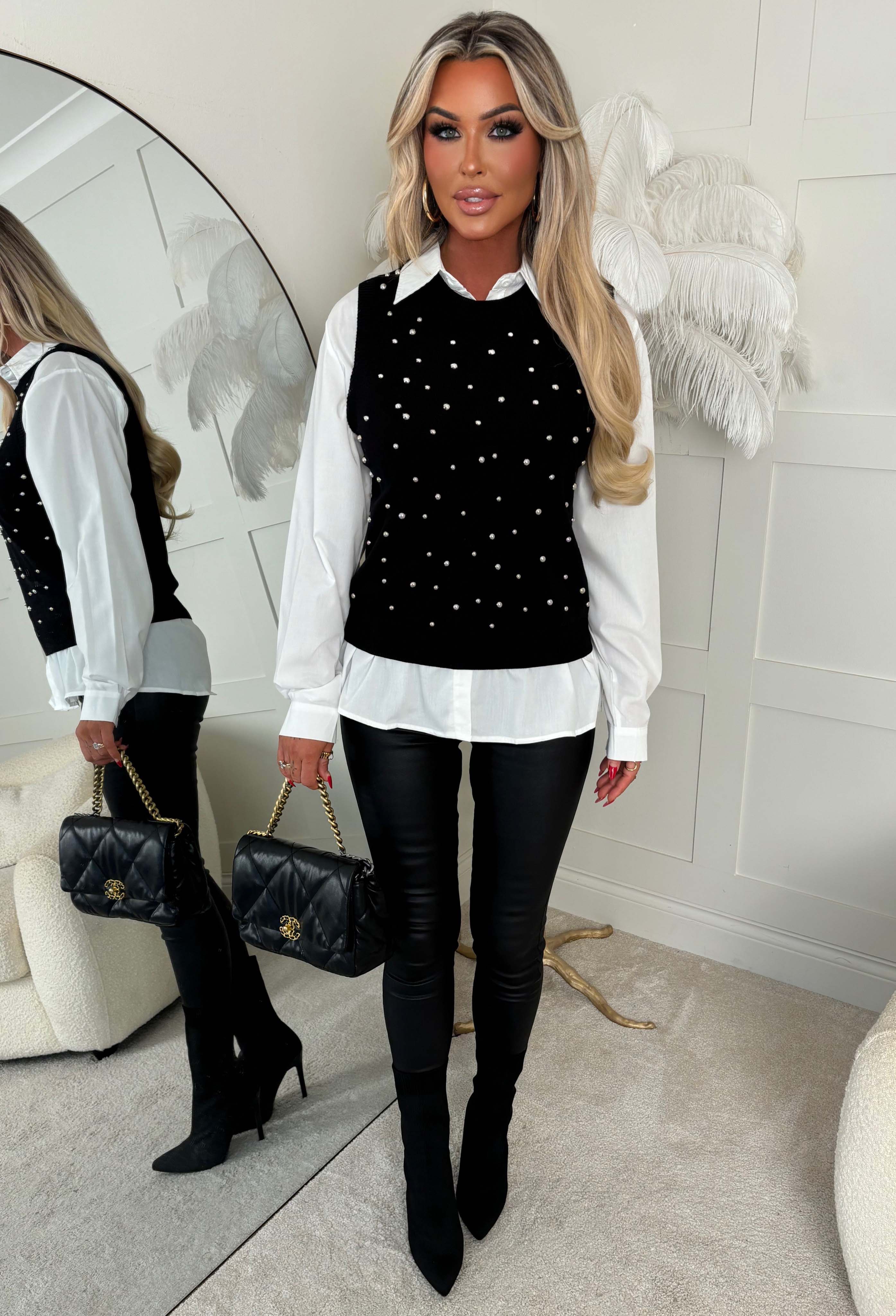 My Desire Black 2 In 1 Embellished Jumper With Shirt