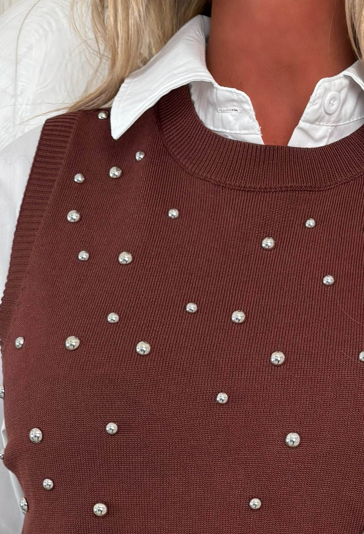 My Desire Brown 2 In 1 Embellished Jumper With Shirt