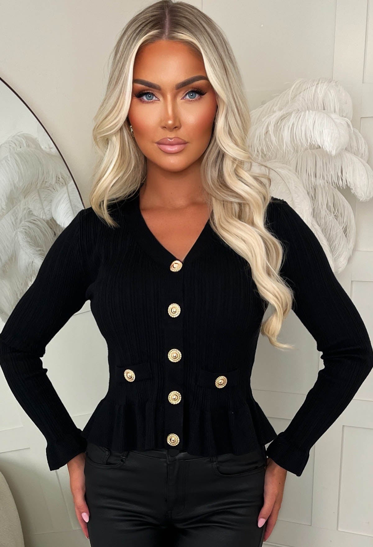 My Way Only Black Gold Button Frill Hem Cardigan