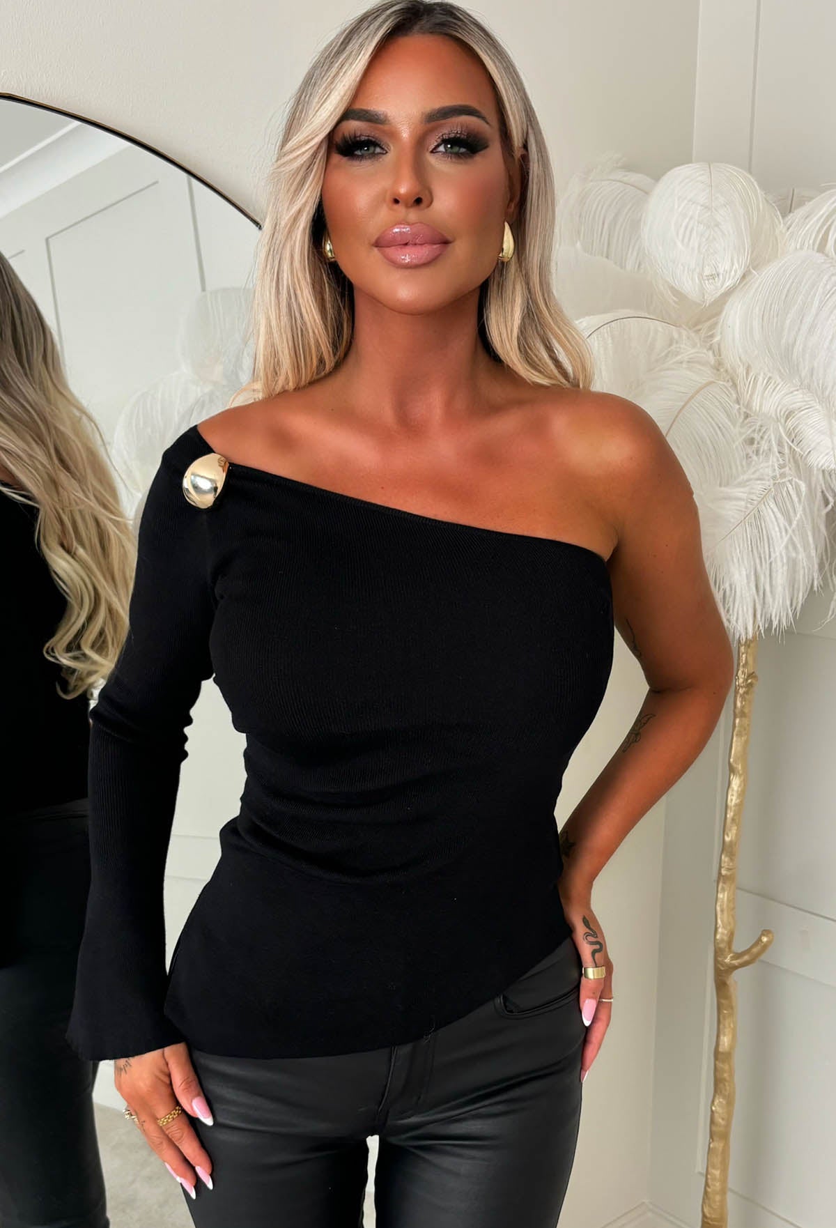 Mysterious Night Black One Shoulder Gold Buckle Jumper | Pink Boutique