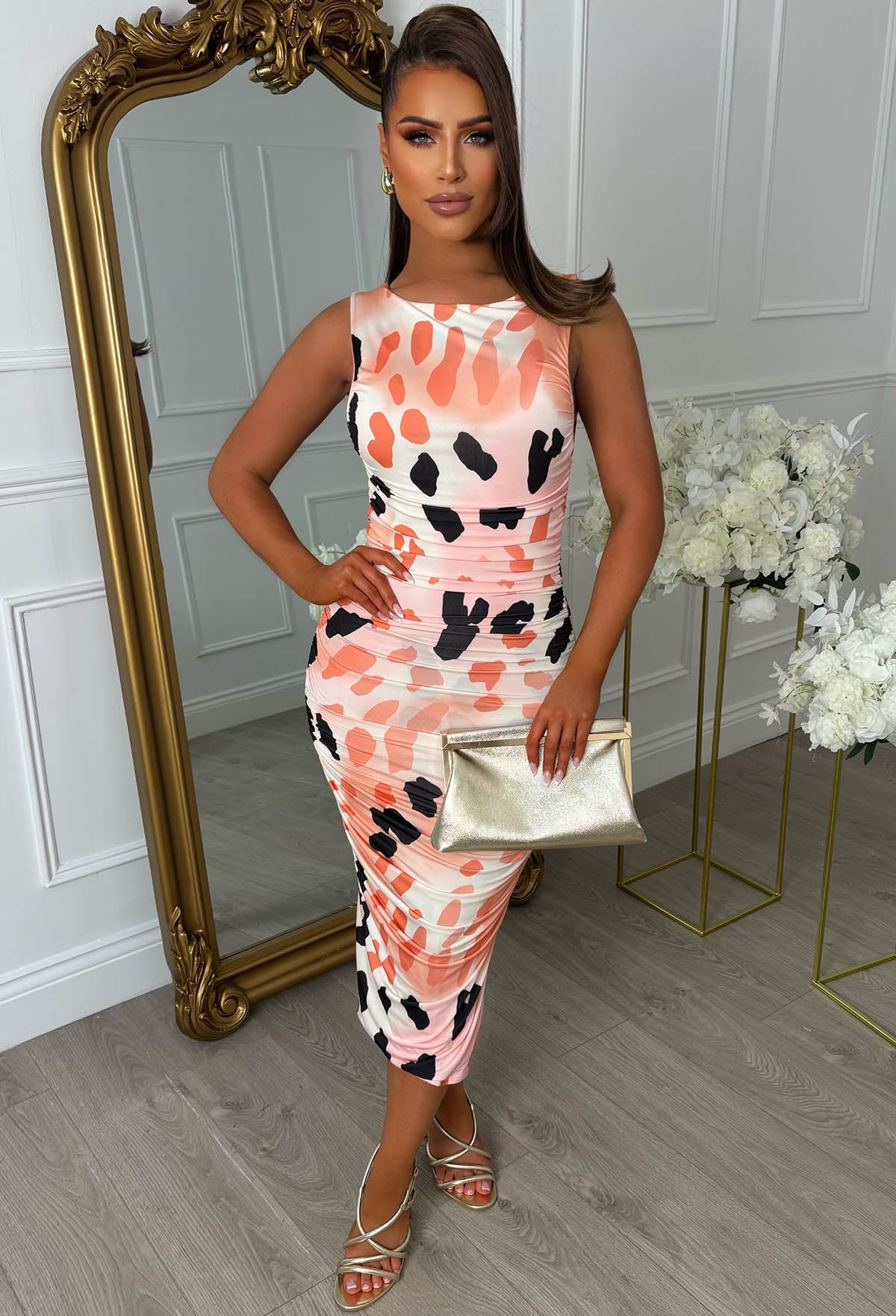 Mysterious Peach Coral Ruched Side Printed Dress