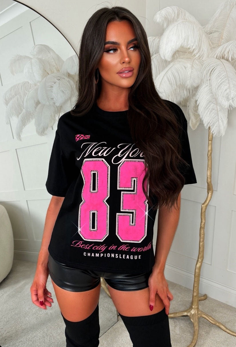 Black graphic diamante T-shirt with bold pink New York 83 motif, short sleeves and relaxed fit.