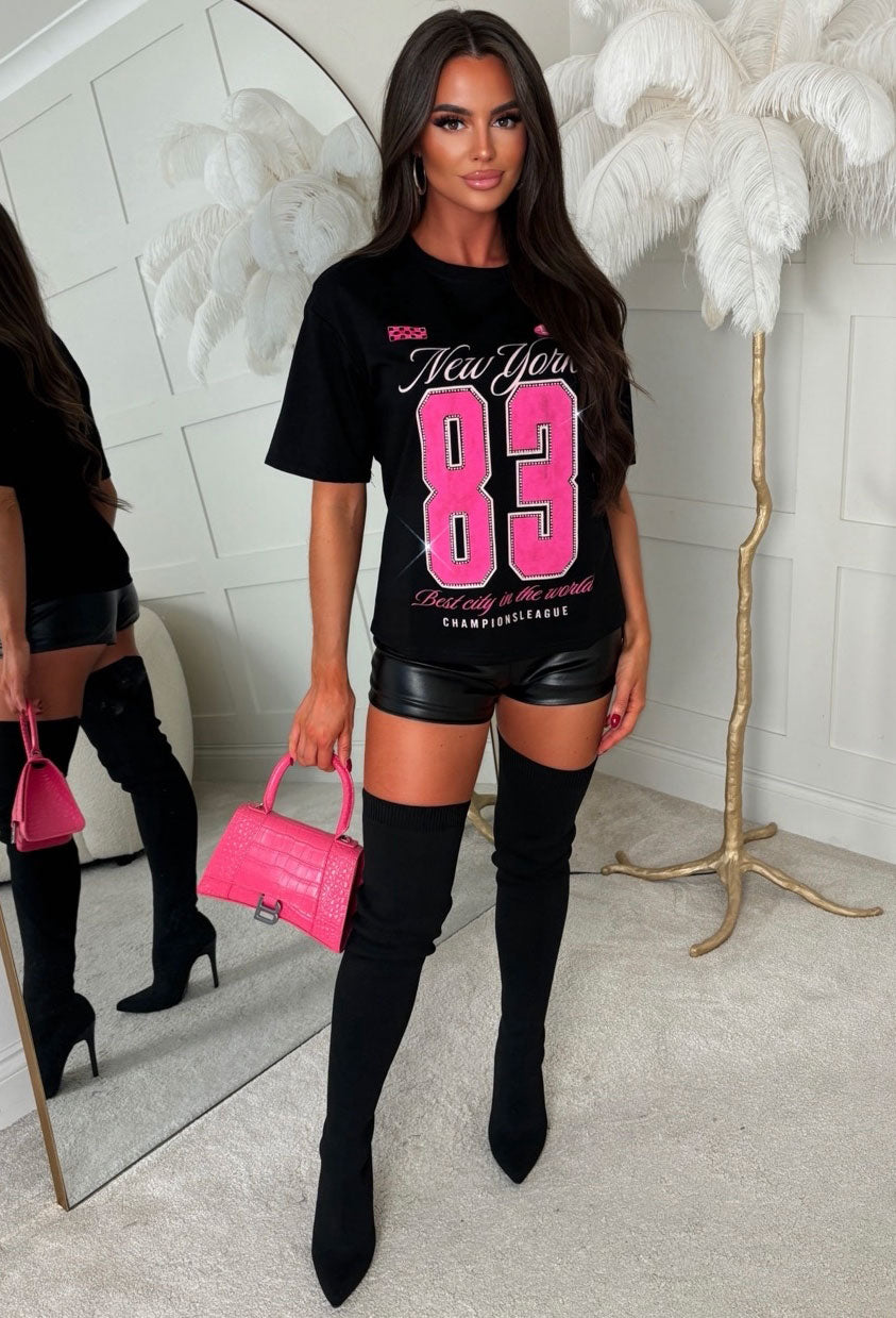 Black graphic diamante T-shirt with bold pink New York 83 motif, short sleeves and relaxed fit.
