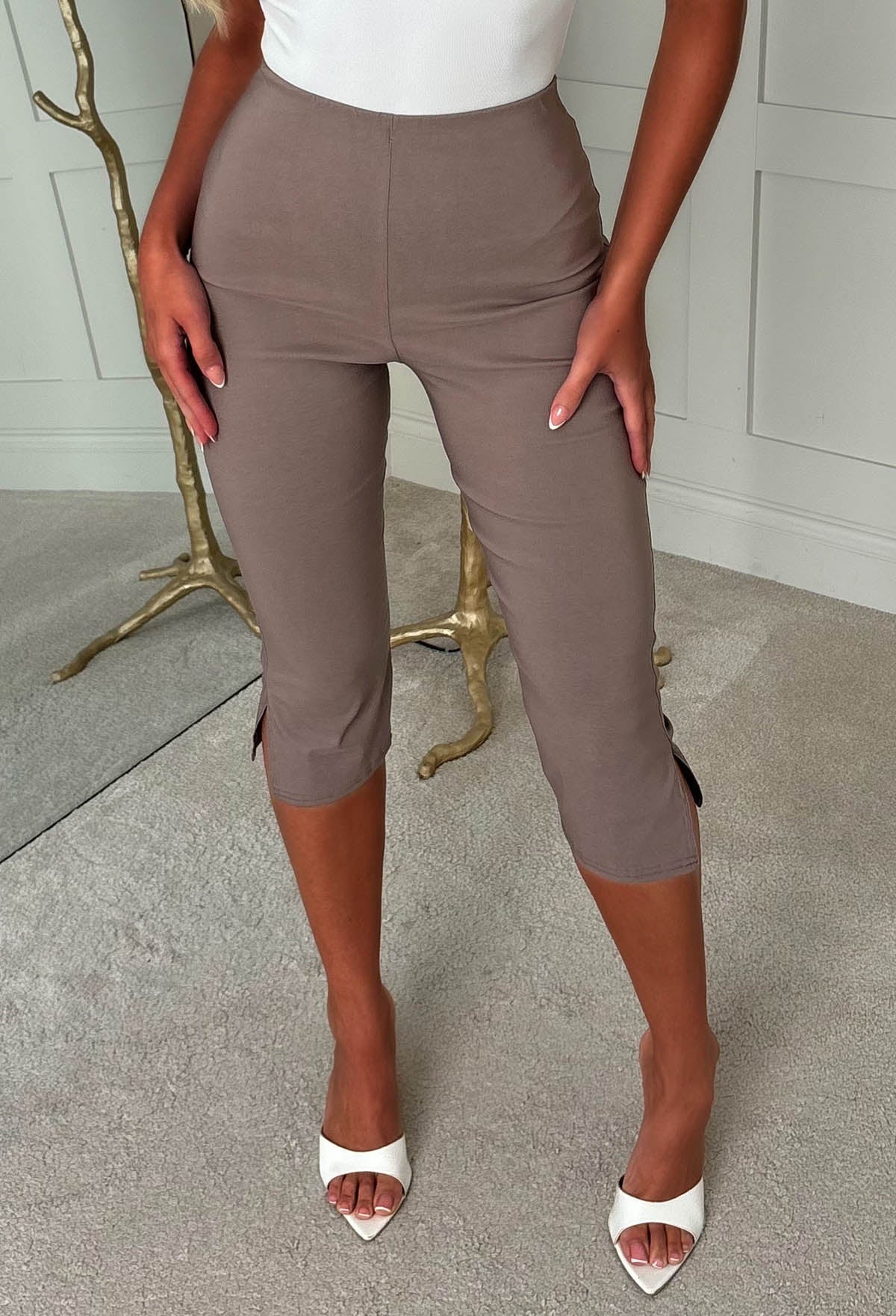 Never Look Back Mocha Stretch Capri Pant With Leg Splits