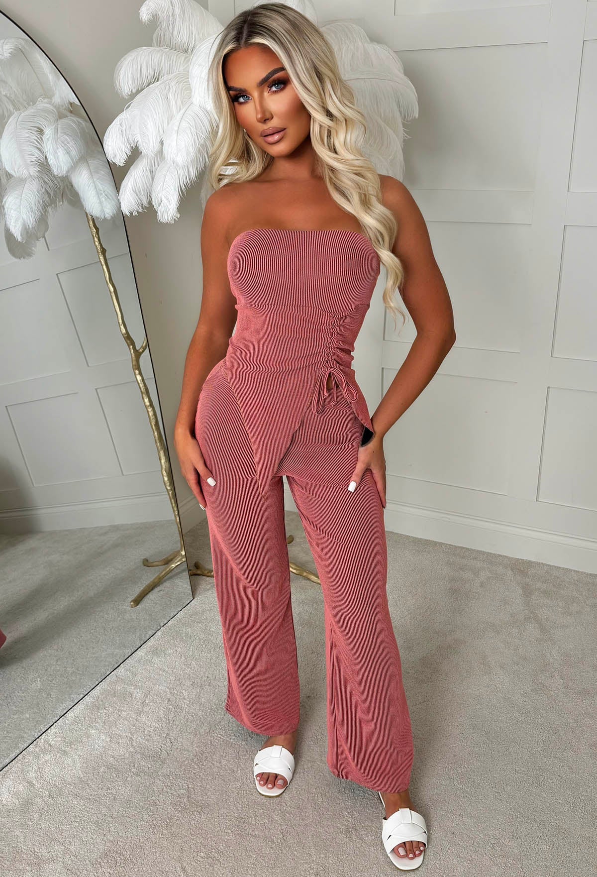 Never Loved You Coral Ribbed Bandeau Loungewear Set