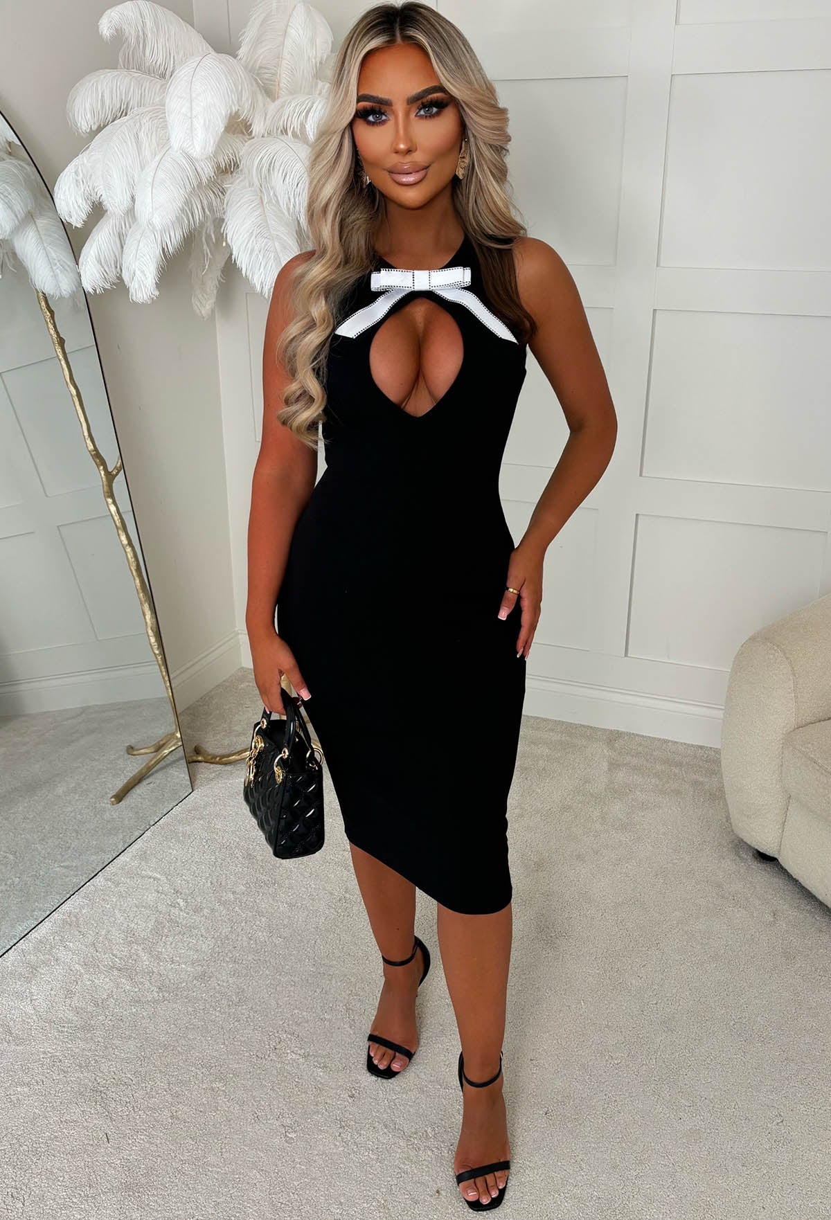 New York Glam Black Keyhole Bow Midi Dress