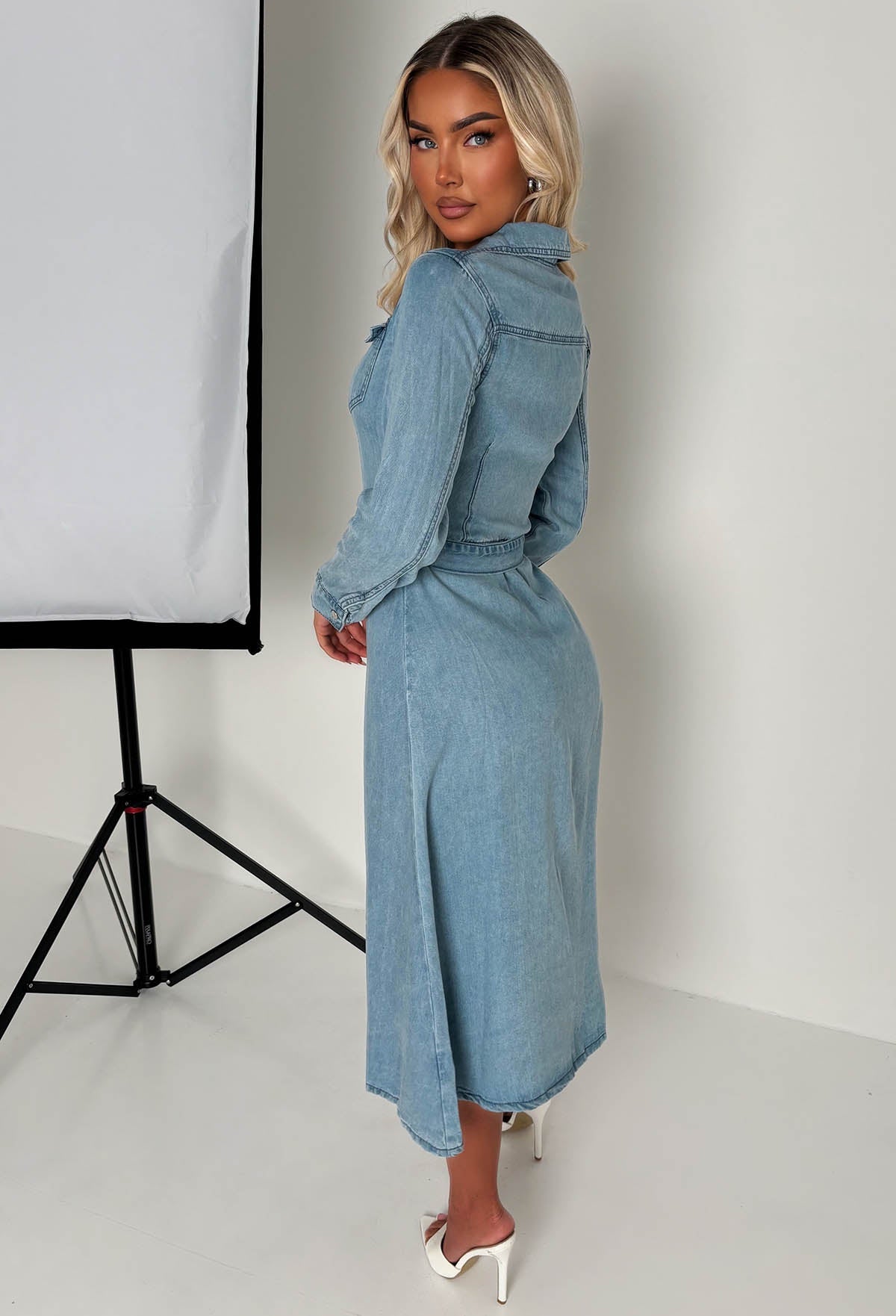Mid Blue Stretch Denim Belted Button Front Dress Back